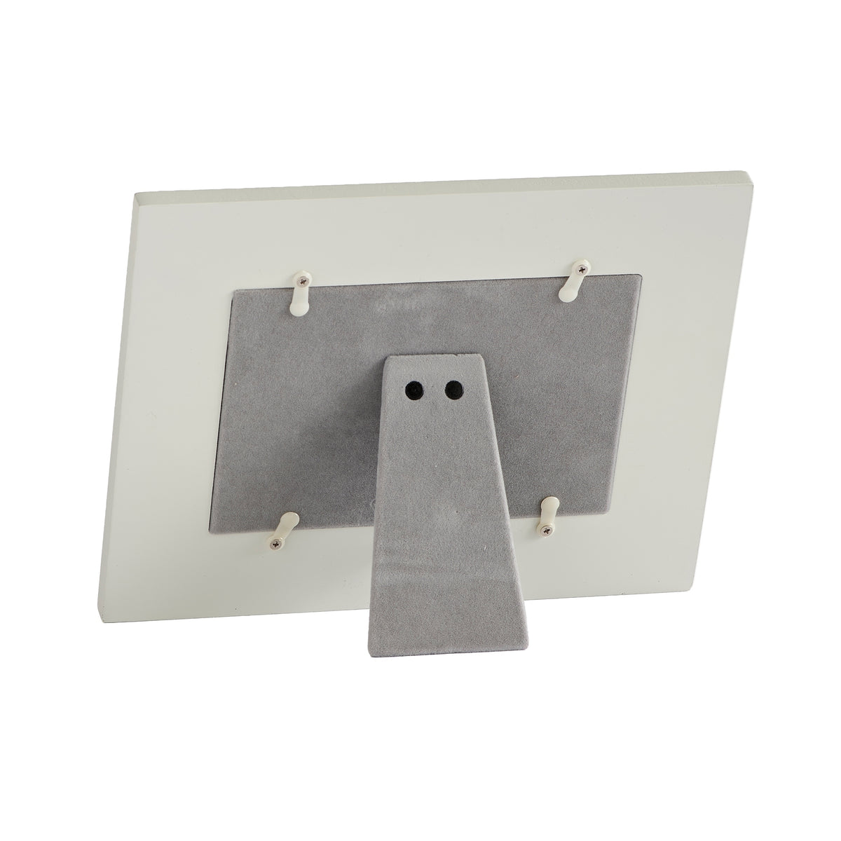 Rear view of wedding picture frame showing the gray backing, retaining tabs, and fold-out stand.
