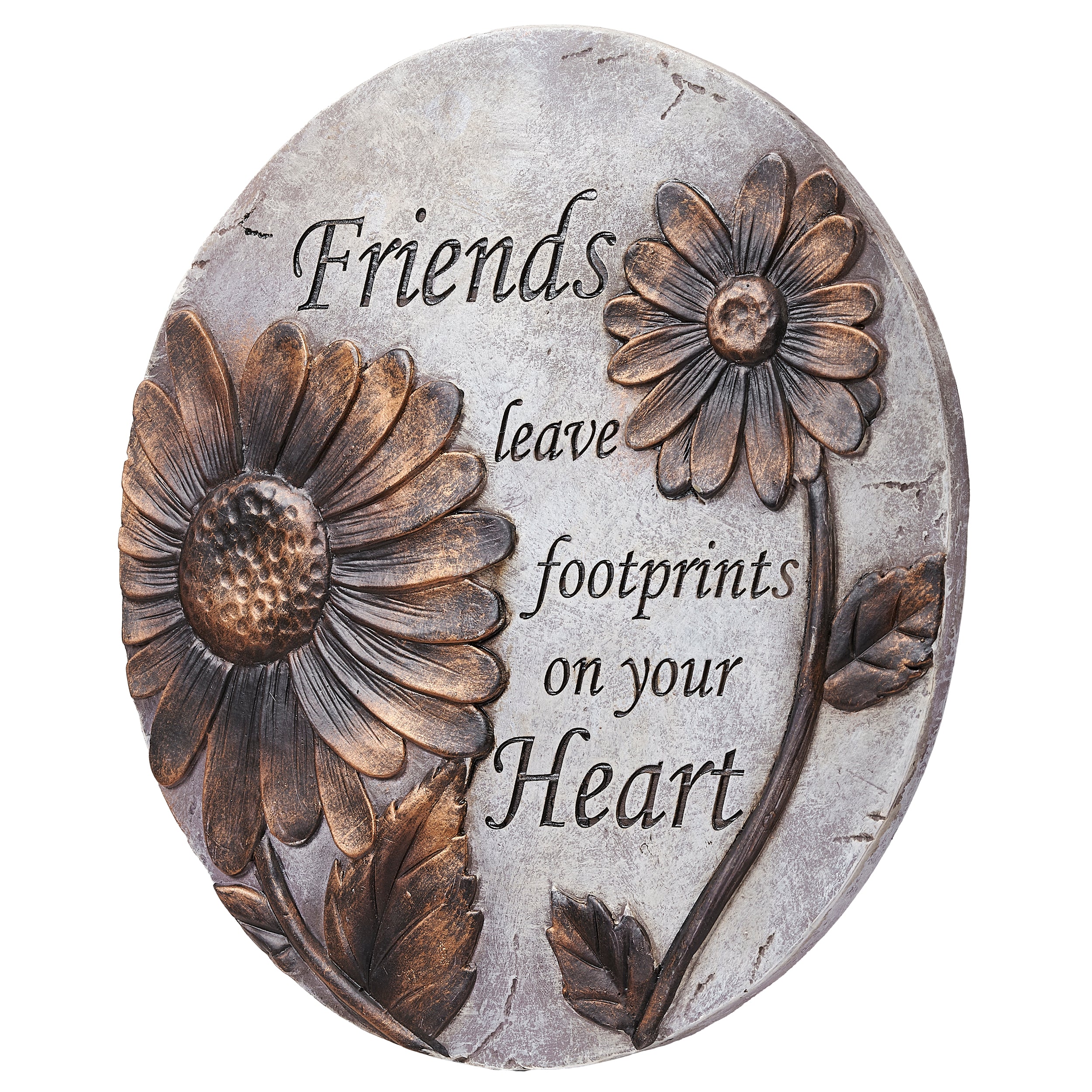 Decorative stone with floral designs and text on a white background