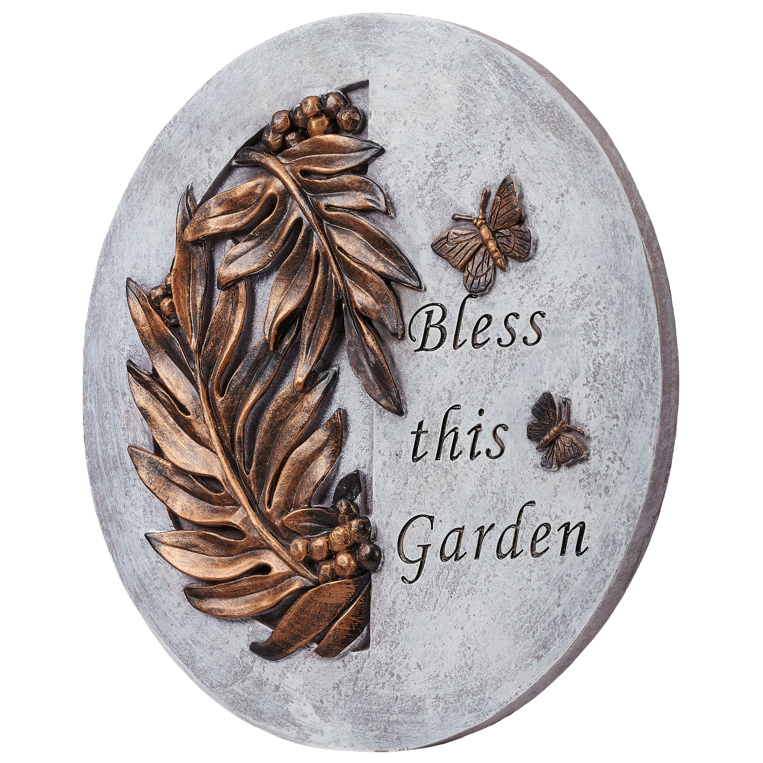 Decorative stone with bronze leaves and butterflies, featuring the text 'Bless this Garden'.