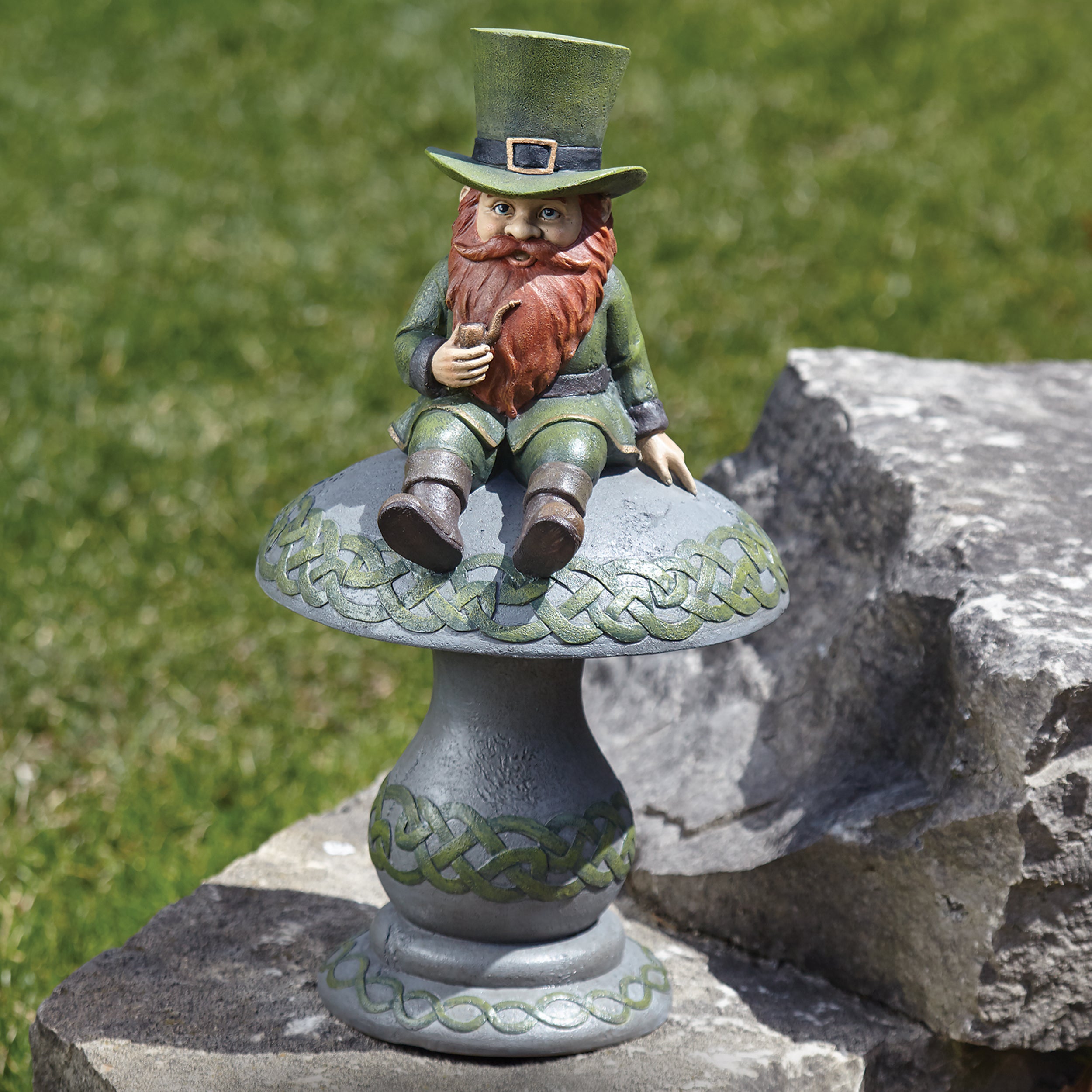 Solar Leprechaun Sitting on Mushroom Garden Statue