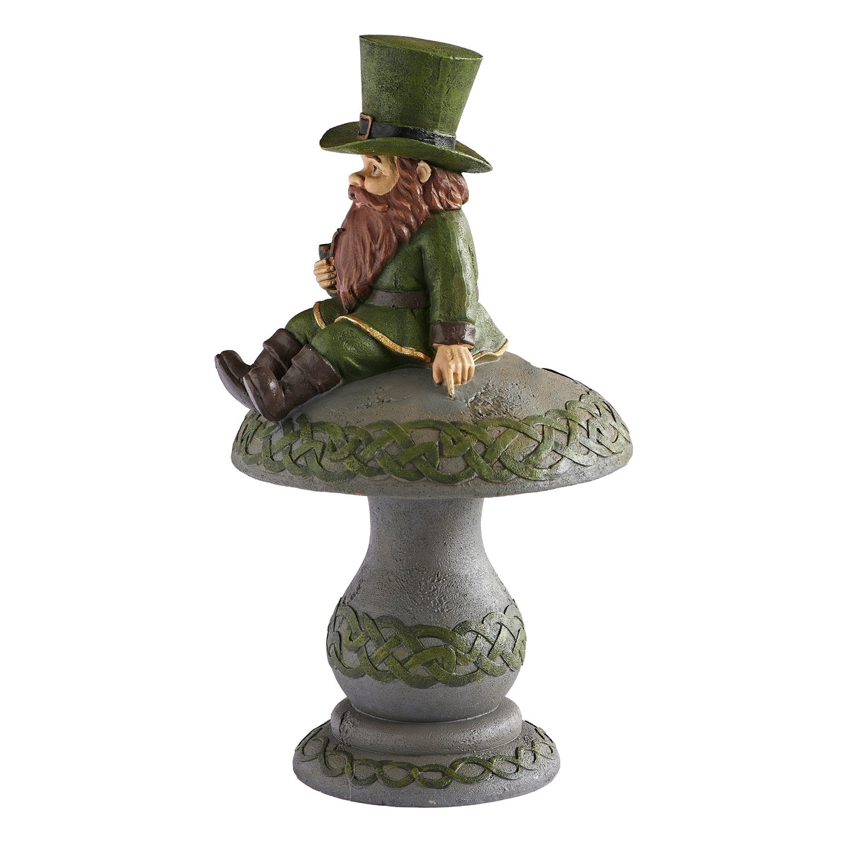 Side view of Solar Leprechaun Sitting on Mushroom Garden Statue showing the green outfit, top hat, and Celtic mushroom