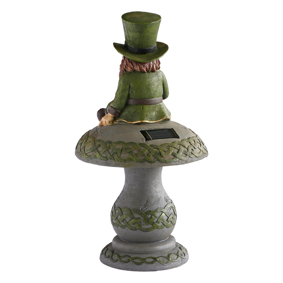 Back view of Solar Leprechaun Sitting on Mushroom Garden Statue showing the tall mushroom base and sculpted details