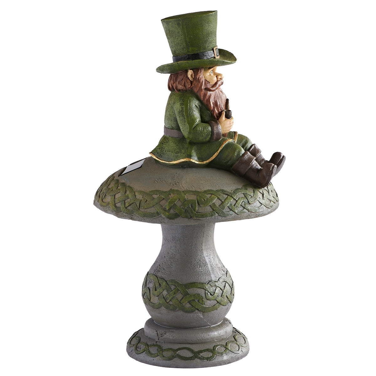 Opposite side view of Solar Leprechaun Sitting on Mushroom Garden Statue showing the seated leprechaun and decorative mushroom