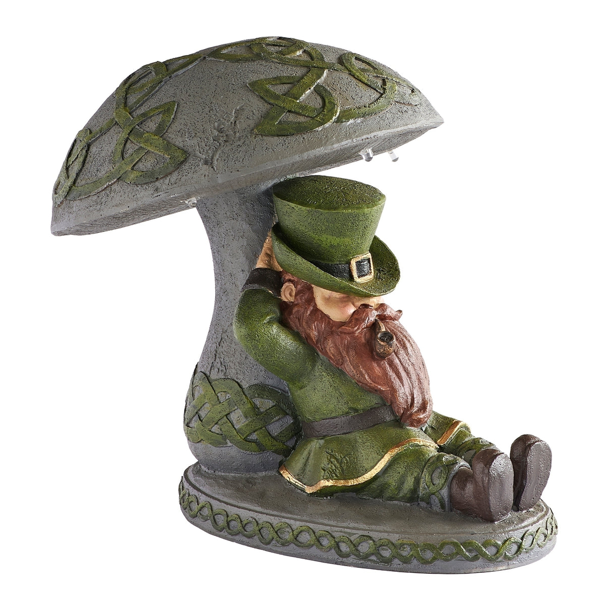 Side view of Solar Sleeping Leprechaun Garden Statue showing the leprechaun resting under the mushroom