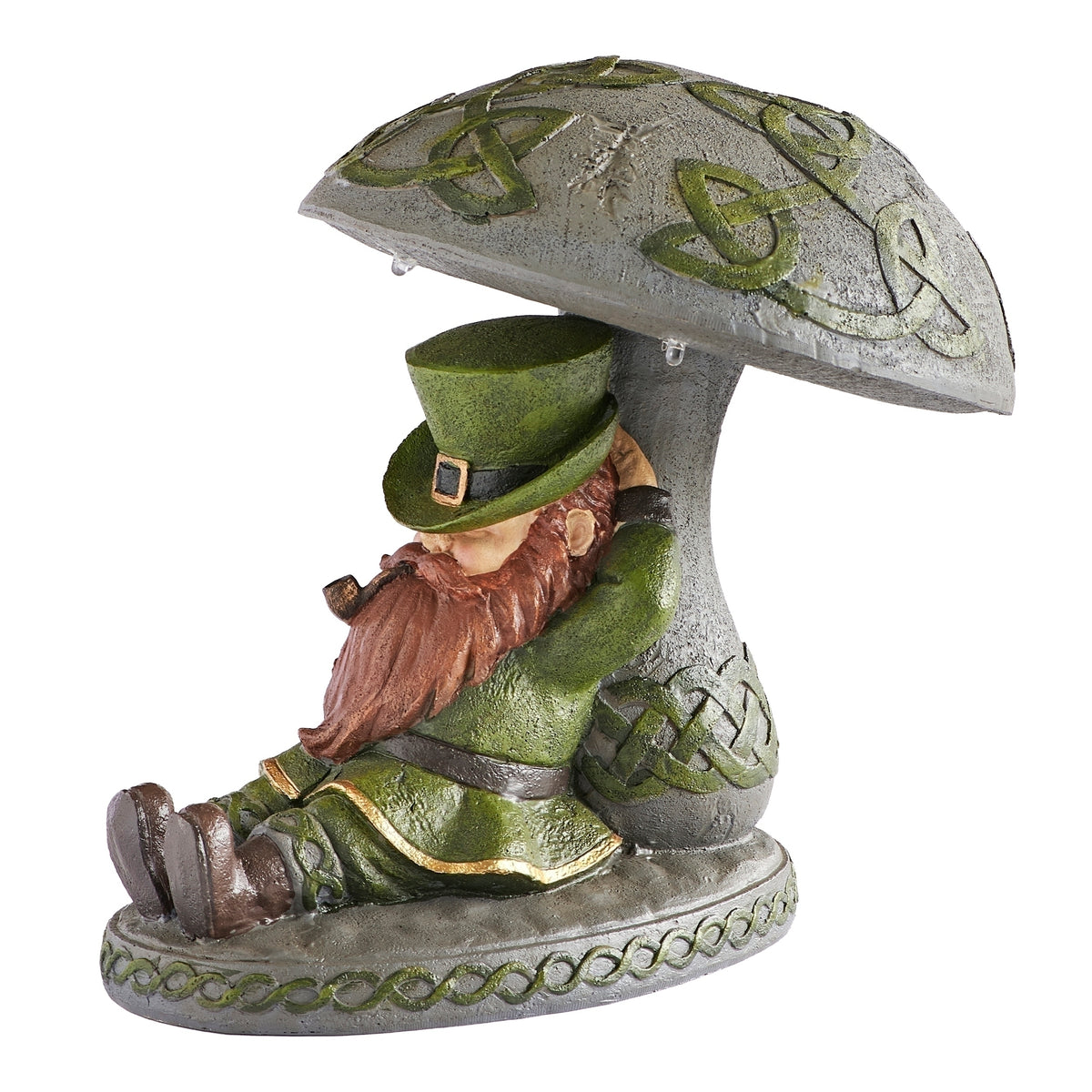 Front angled view of Solar Sleeping Leprechaun Garden Statue showing the detailed green outfit and Celtic mushroom