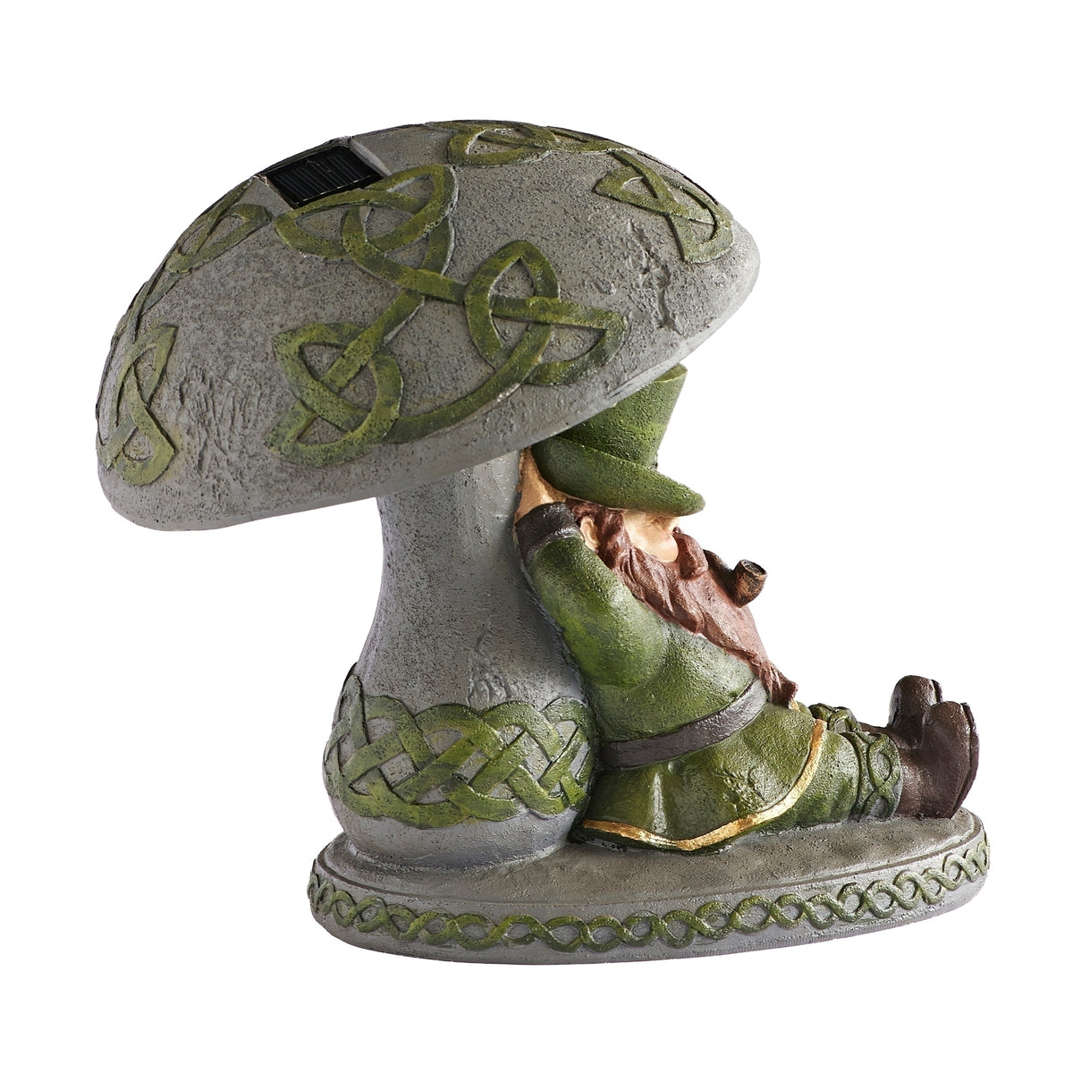 Opposite side view of Solar Sleeping Leprechaun Garden Statue showing the sleeping figure beneath the decorative mushroom