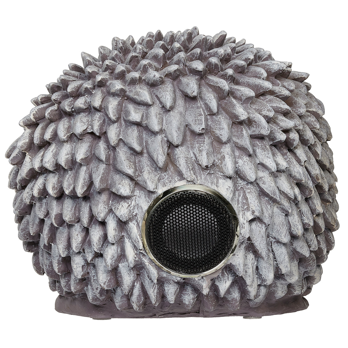 Back view of Pudgy Pals Hedgehog Bluetooth Speaker showing the built-in black speaker grille surrounded by sculpted quills
