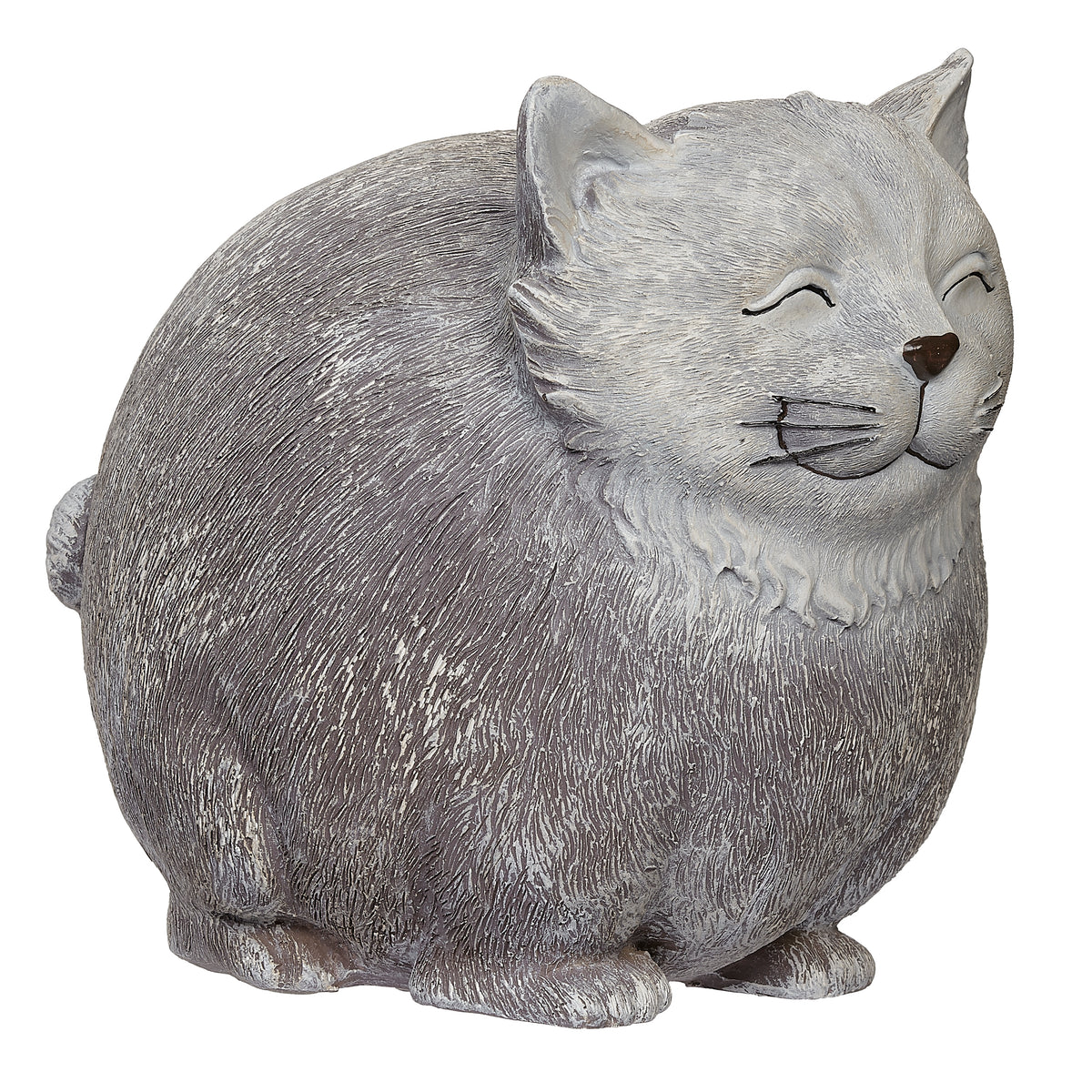 Opposite front angled view of Pudgy Pals Cat Bluetooth Speaker showing the smiling face, pointed ears, and textured gray body
