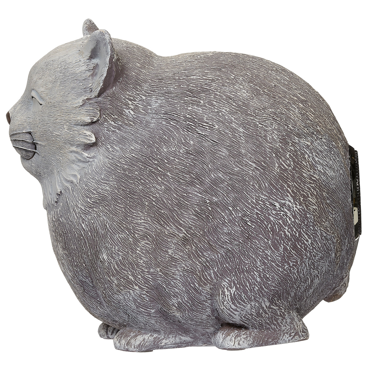 Side view of Pudgy Pals Cat Bluetooth Speaker showing the rounded body, curled tail, and textured fur