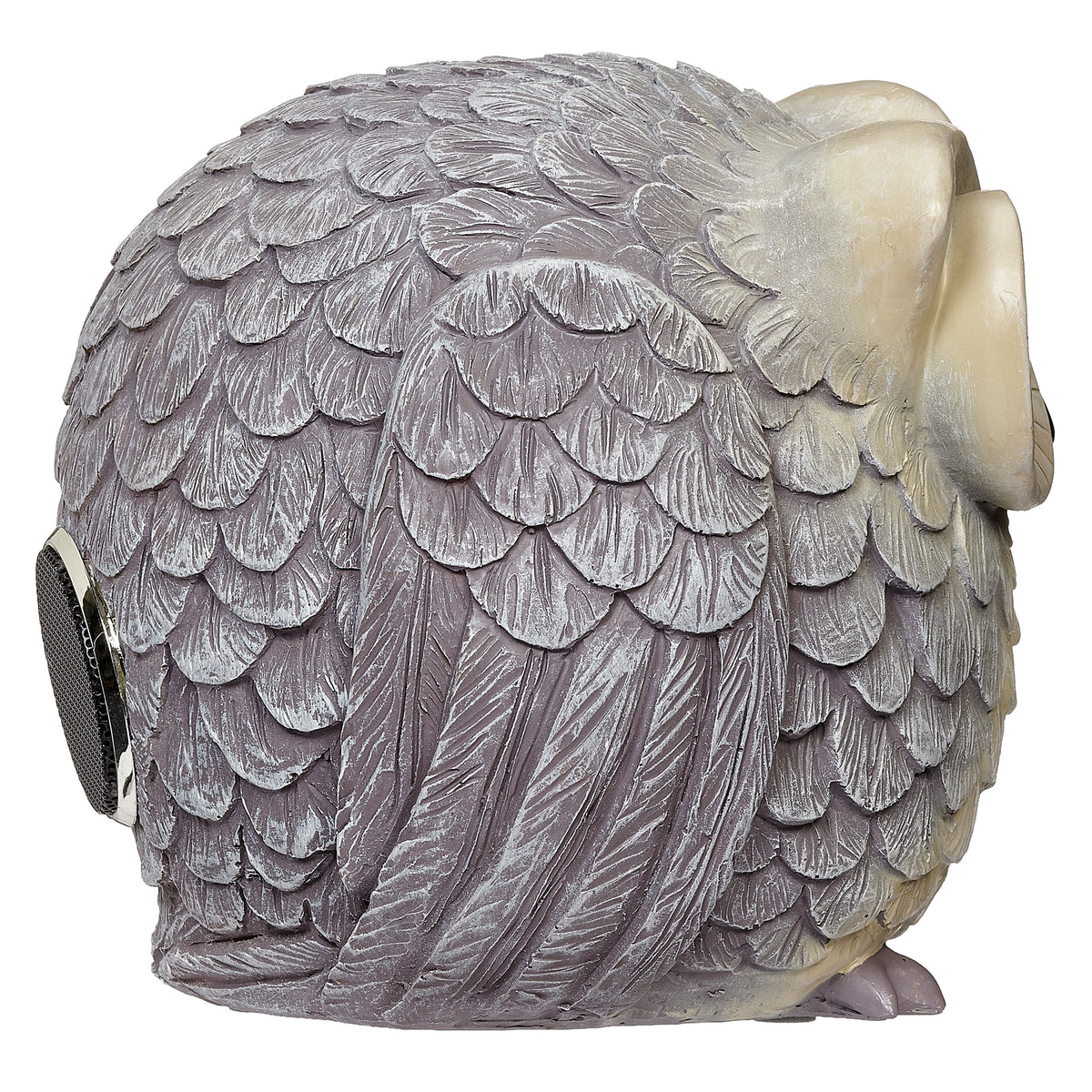 Opposite side view of Pudgy Pals Owl Bluetooth Speaker showing the rounded profile and detailed feather pattern