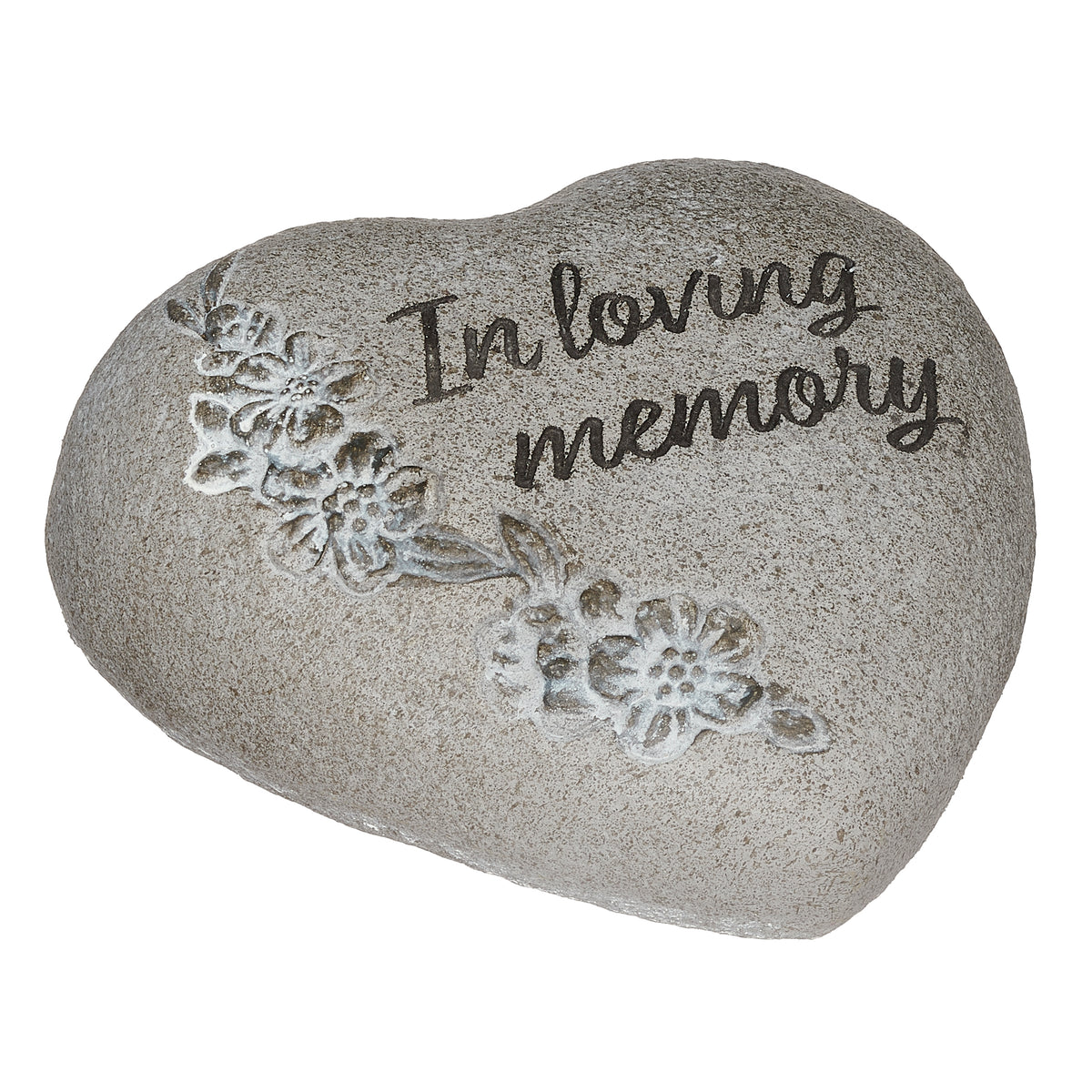 Alternate front view of In Loving Memory heart-shaped garden stone with floral accents and memorial inscription