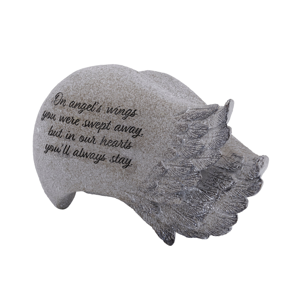 Front angled view of Angel Wing Memorial Garden Stone showing the engraved memorial message and detailed angel wing