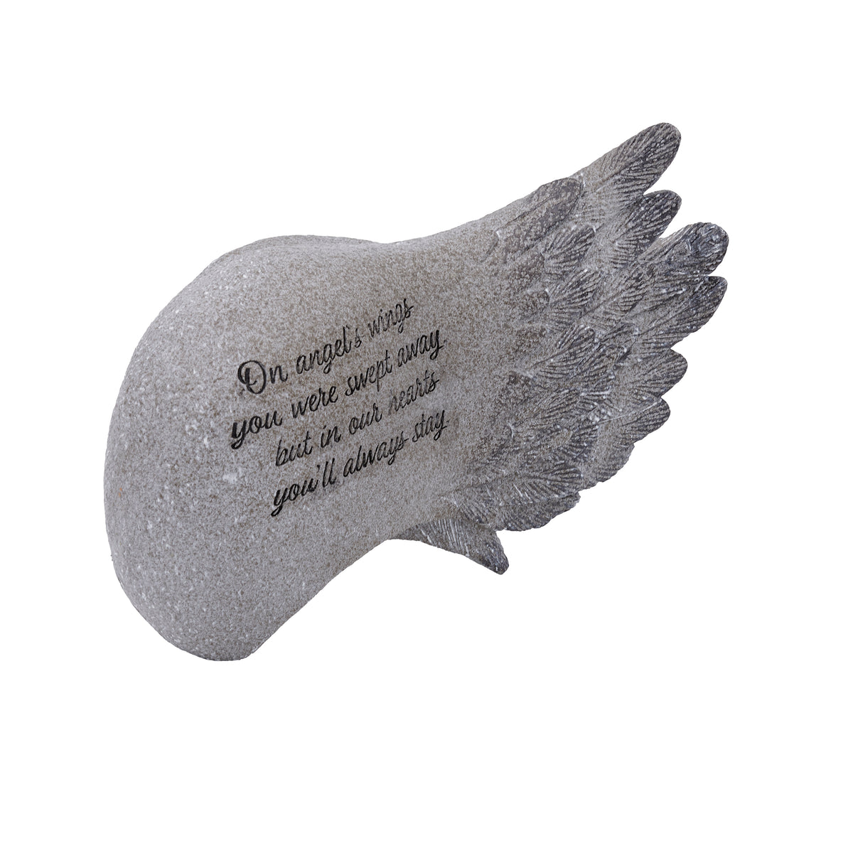 Opposite angled view of Angel Wing Memorial Garden Stone showing the inscription and sculpted feather details