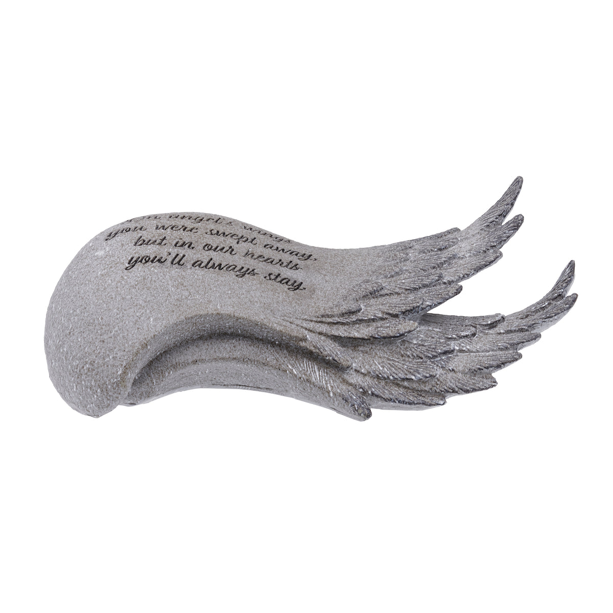 Low side view of Angel Wing Memorial Garden Stone showing the curved wing shape and layered feathers