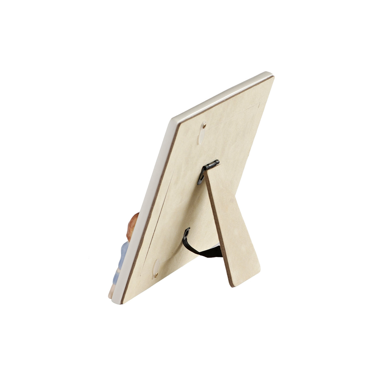 Opposite side view of blue All of God's Grace Baby Picture Frame showing the slim frame profile and easel stand