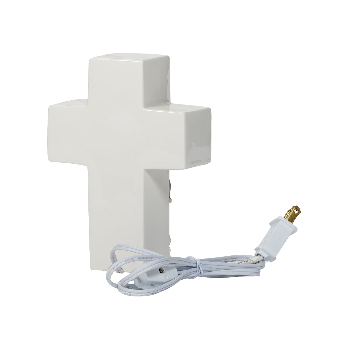 Back view of pink Now I Lay Me Down to Sleep Lighted Cross showing the plain white porcelain cross and plug-in cord