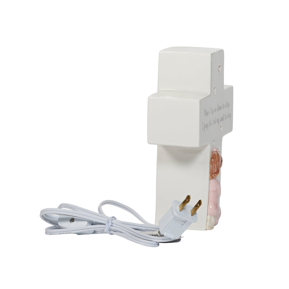 Opposite rear angled view of pink Now I Lay Me Down to Sleep Lighted Cross showing the kneeling child, cross profile, and power cord