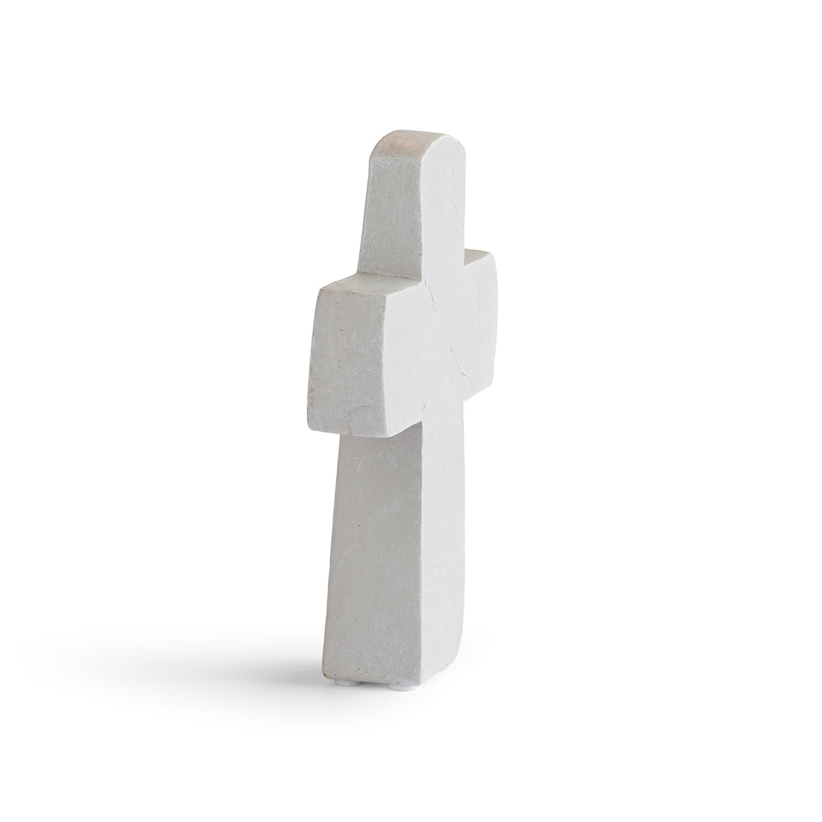 Side view of ivory resin Christian tabletop cross with textured finish