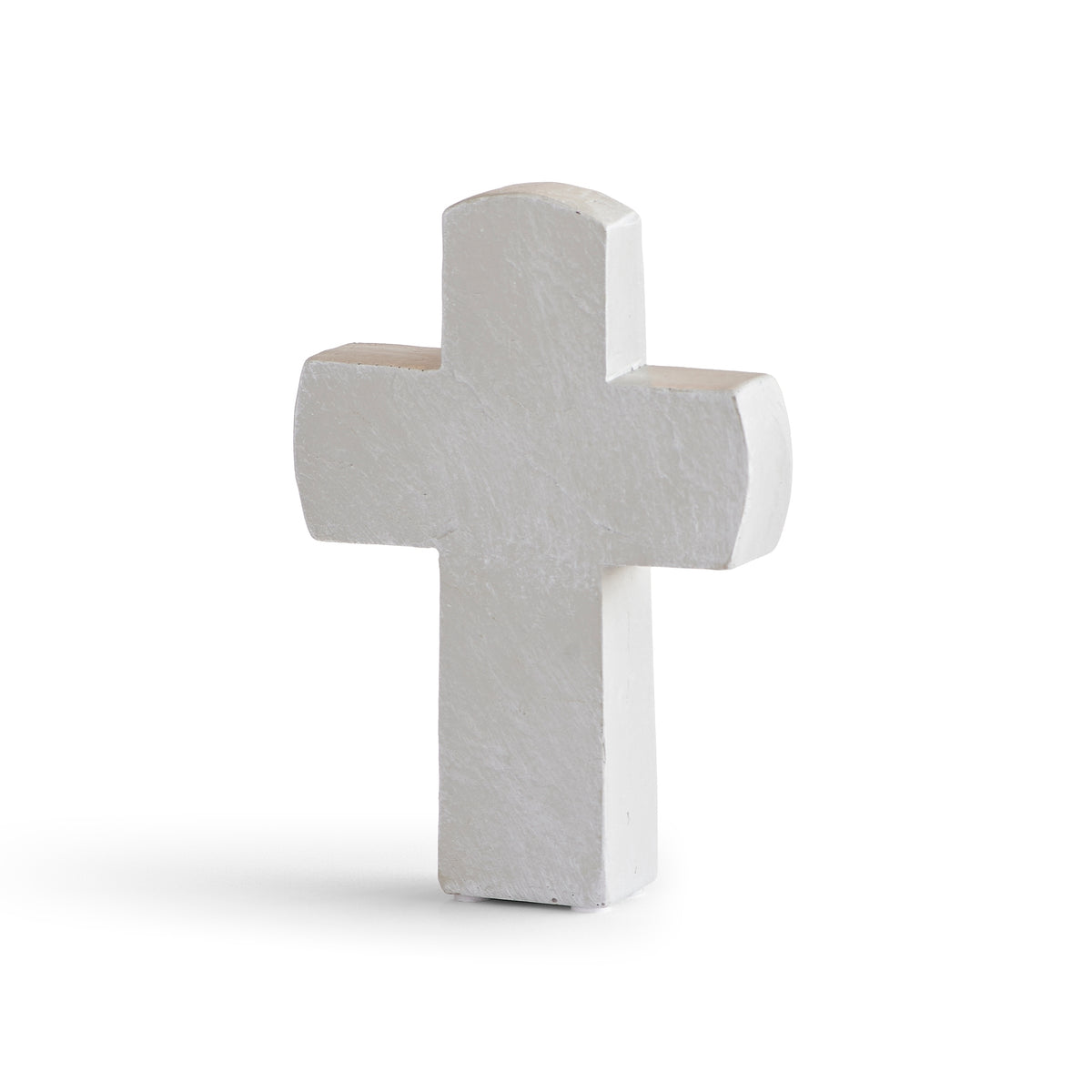 Back view of ivory resin faith tabletop cross with freestanding design