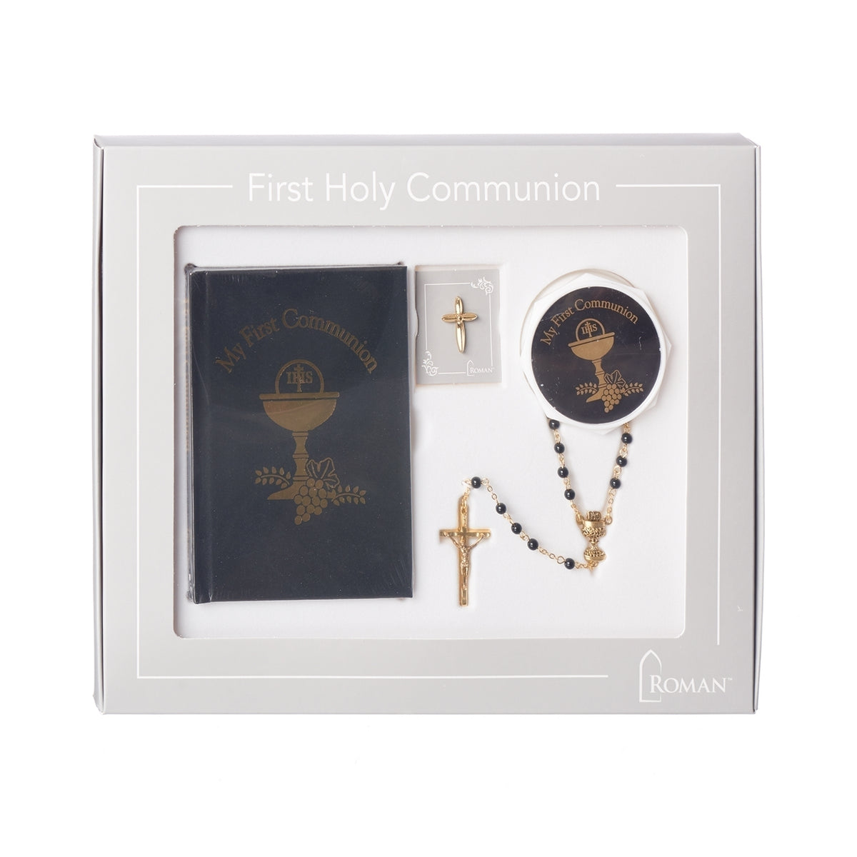 Black First Communion Box & Accessories Set displayed inside a keepsake box with the devotional accessories arranged in compartments