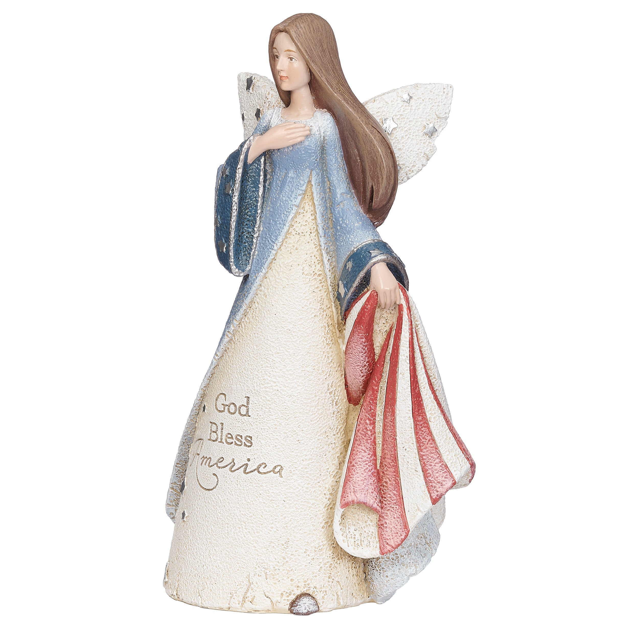 Angel wearing patriotic dress that says God Bless America