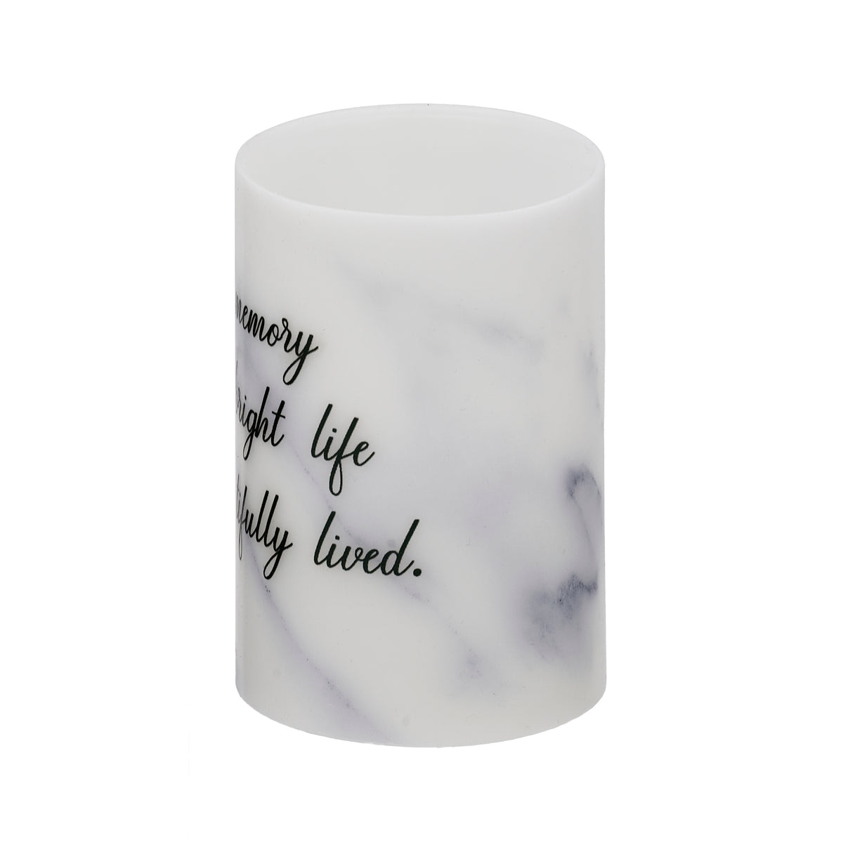 Angled view of LED In Memory of a Bright Life Candle showing the memorial inscription and marble-style wax finish