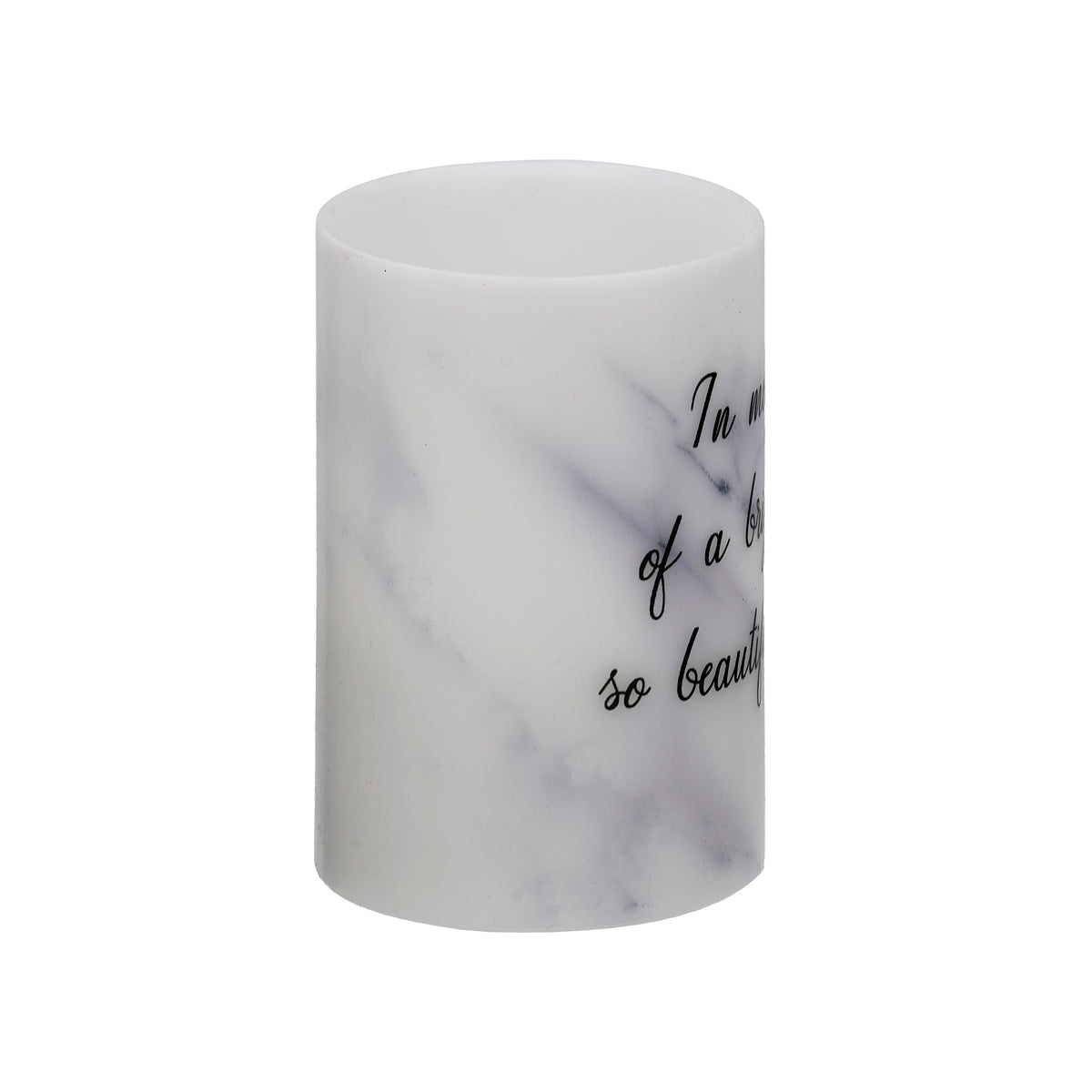 Front angled view of LED In Memory of a Bright Life Candle showing the remembrance inscription and marble-effect design