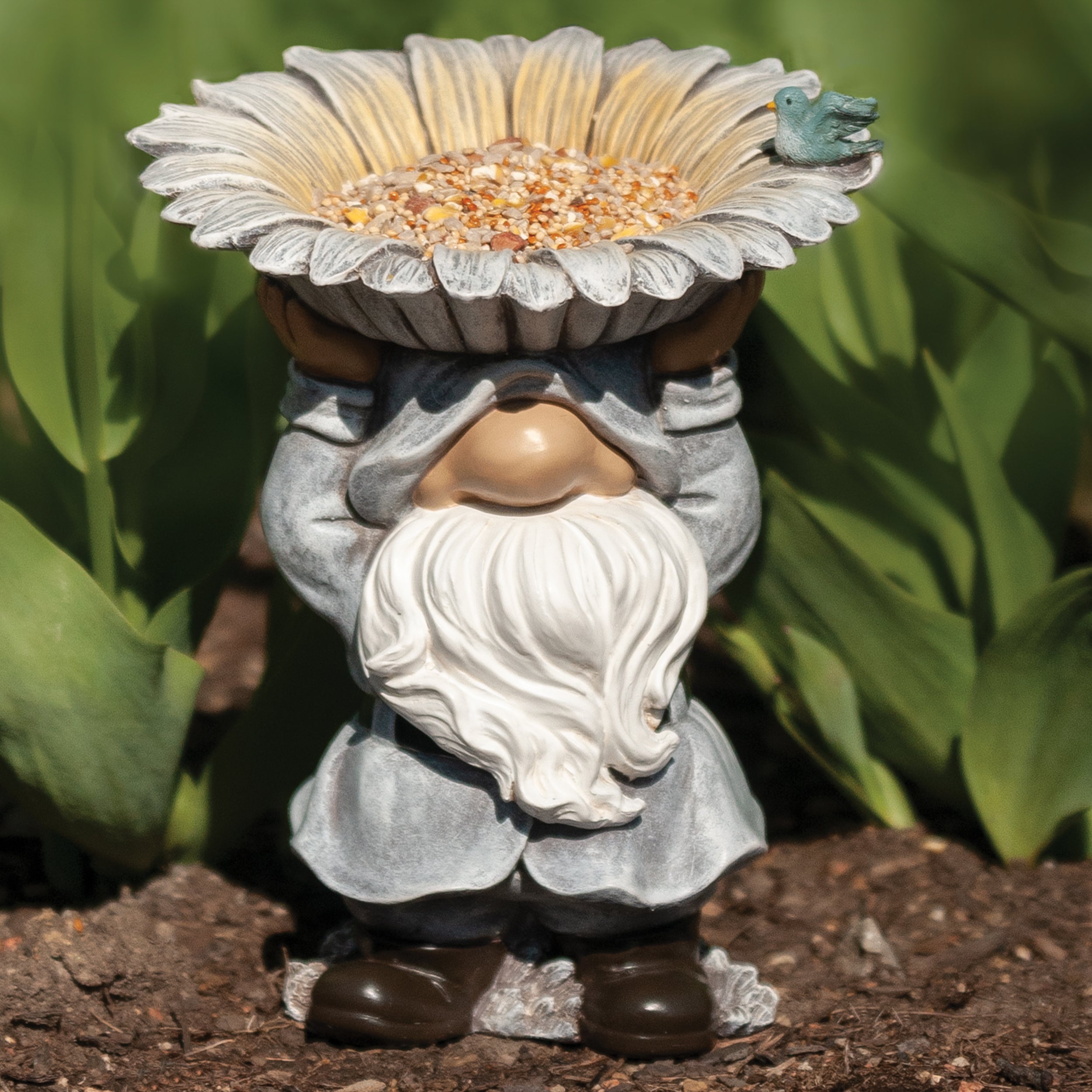 Whimsical Gnome Holding Sunflower Bird Feeder