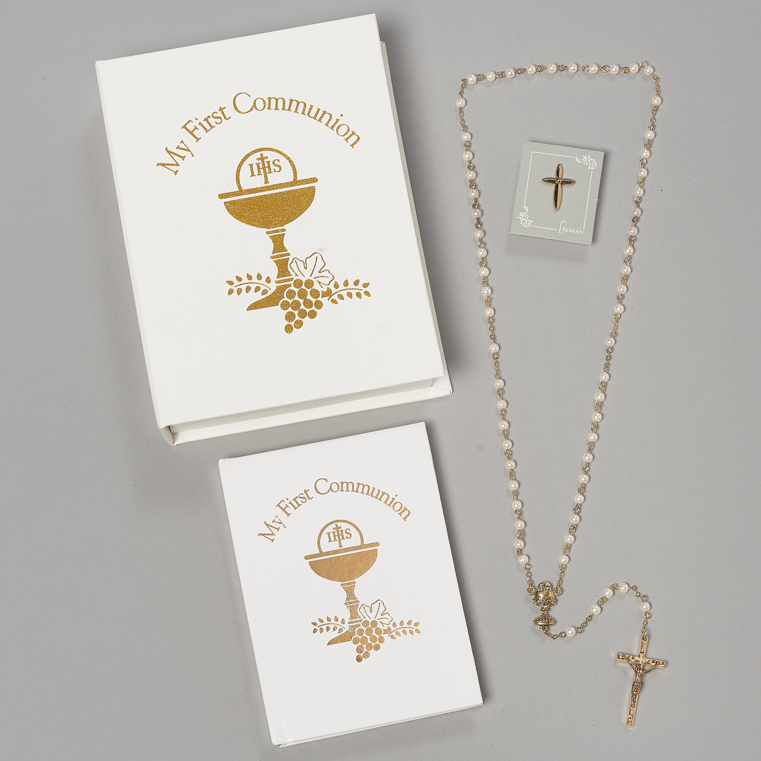 First Communion Folder 4-PC Set – Prayer Book, Rosary, & Pin