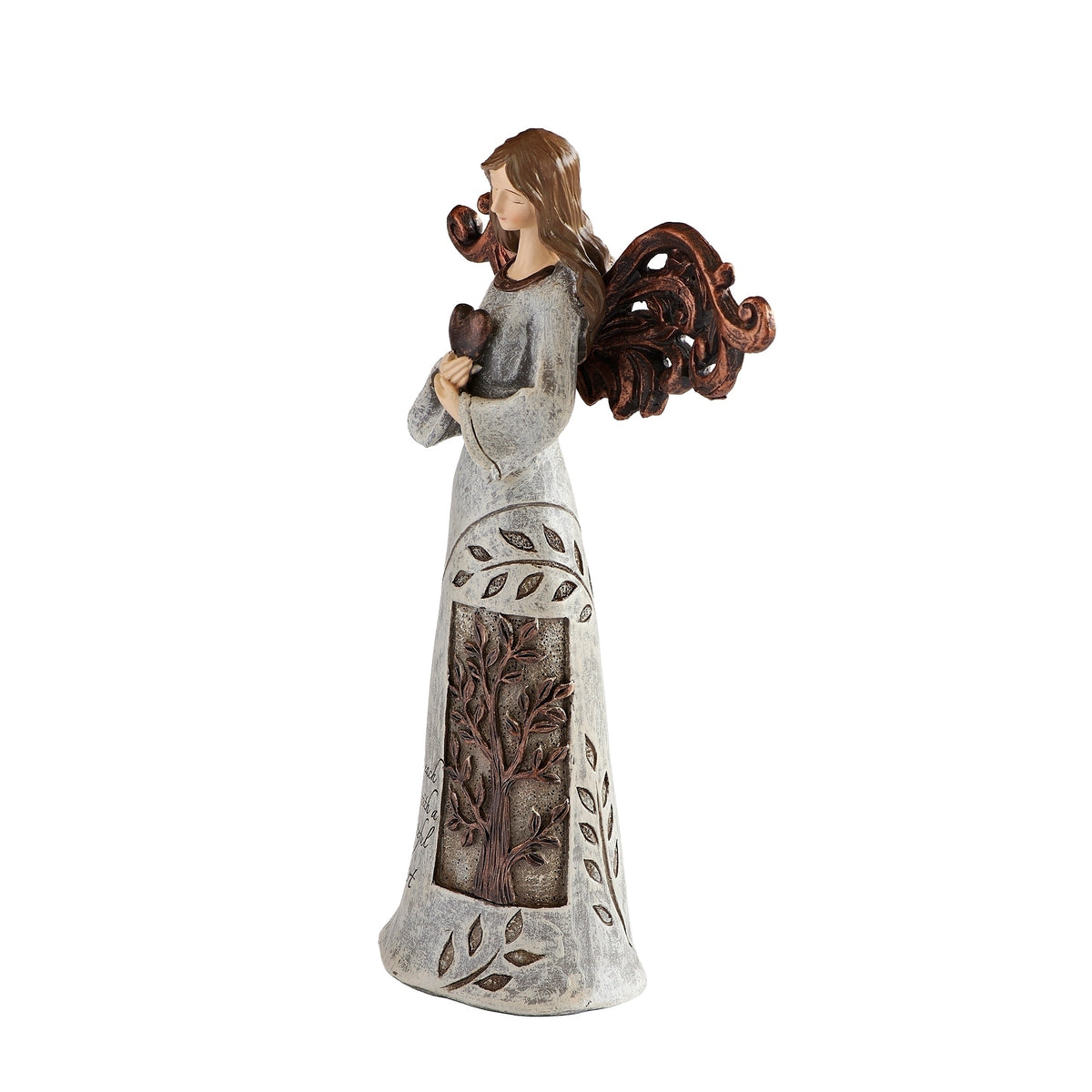 Side view of "Grateful Heart" Tree of Life Angel Figure showing the heart, sculpted gown, and decorative tree wings