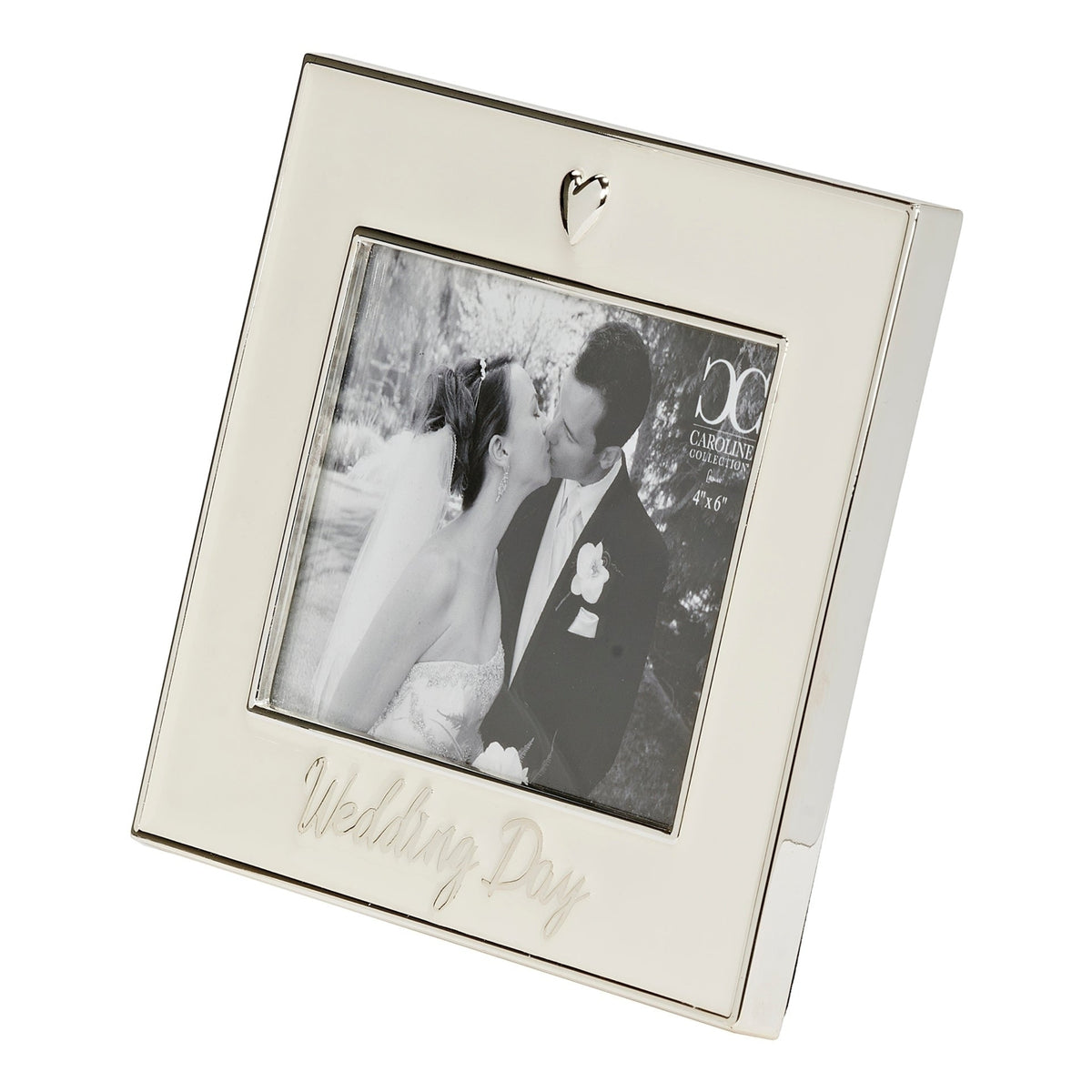 Front angled view of Caroline Collection Wedding Day Heart Picture Frame showing the heart accent, wedding script, and tabletop easel stand