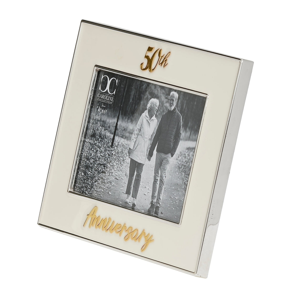 Front angled view of Caroline Collection 50th Anniversary Picture Frame showing the gold anniversary lettering and tabletop easel stand