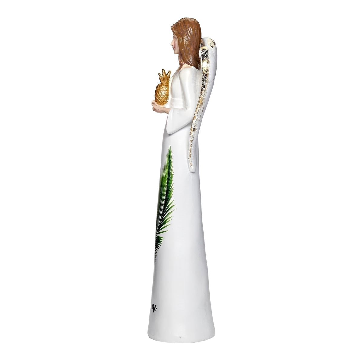 Side view of Welcome Angel with Pineapple showing the gold pineapple, white gown, and green botanical accent