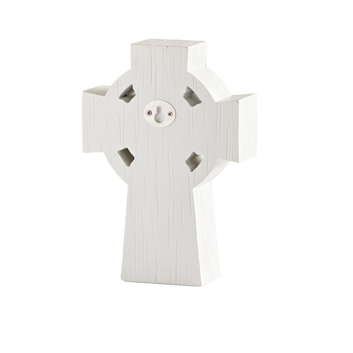 Back view of Woodcut-Style Celtic Tabletop Cross showing the simple white backing and recessed details
