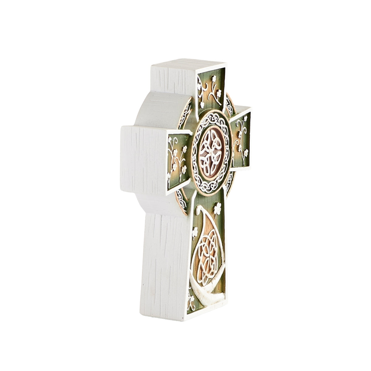Side view of Woodcut-Style Celtic Tabletop Cross showing the depth of the cross and layered decorative front