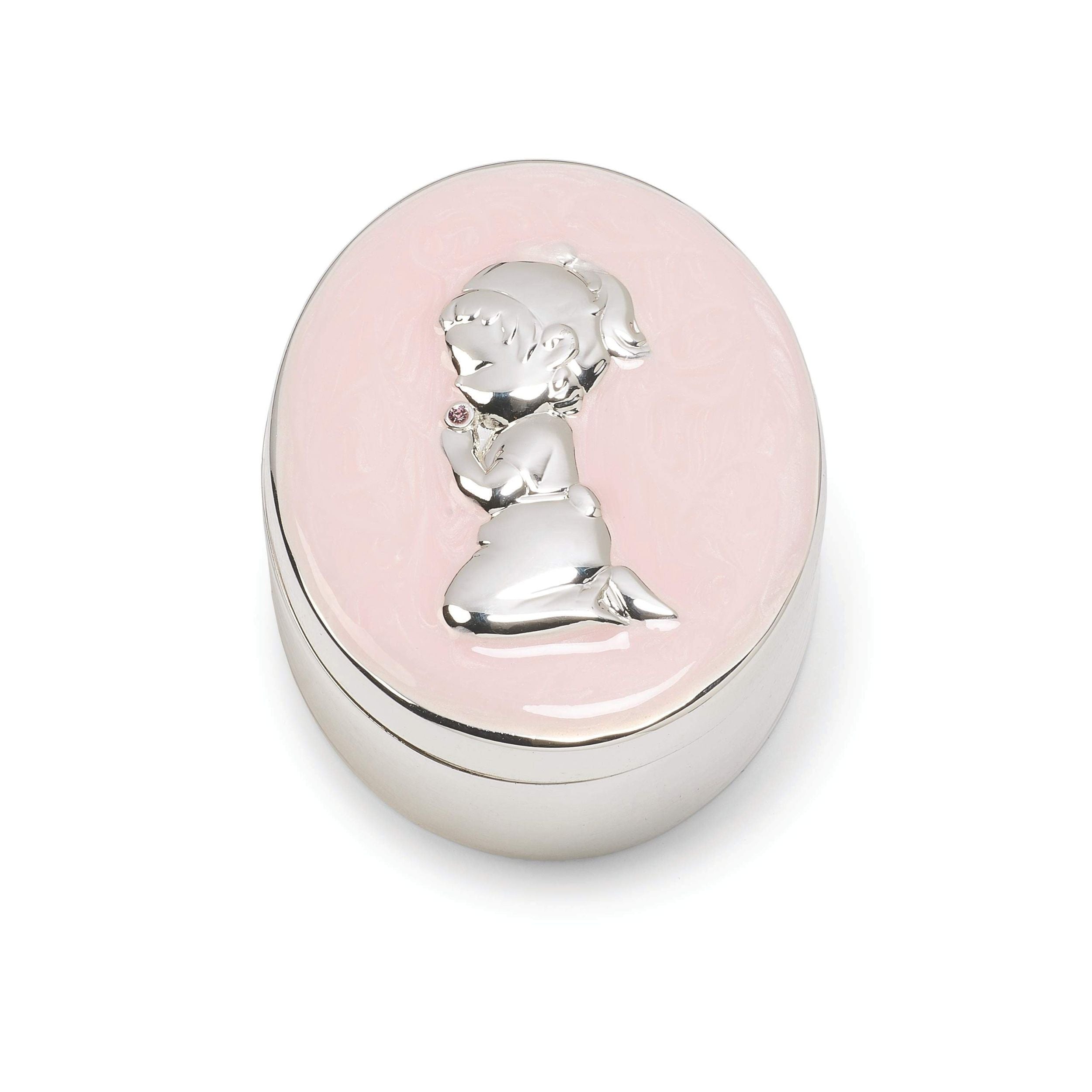 Decorative box with a pink lid featuring an engraved design on a white background