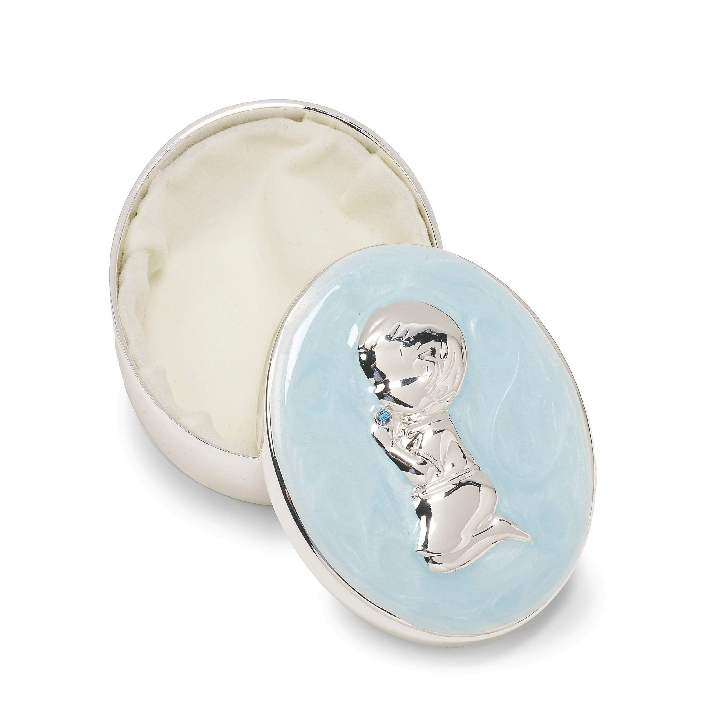 Decorative box with a child design on a light blue lid against a white background
