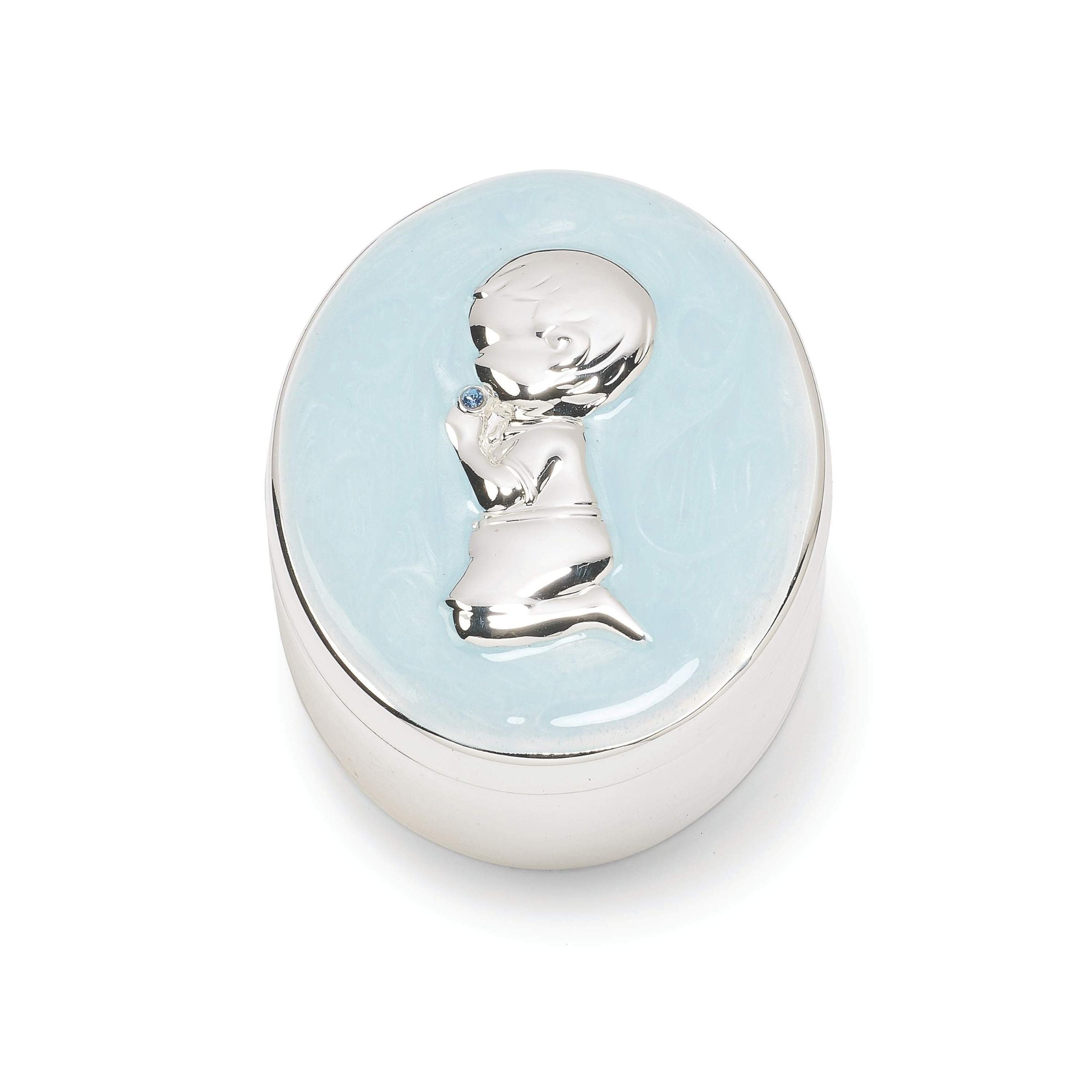 Silver and light blue oval decorative item with a child figure on a white background