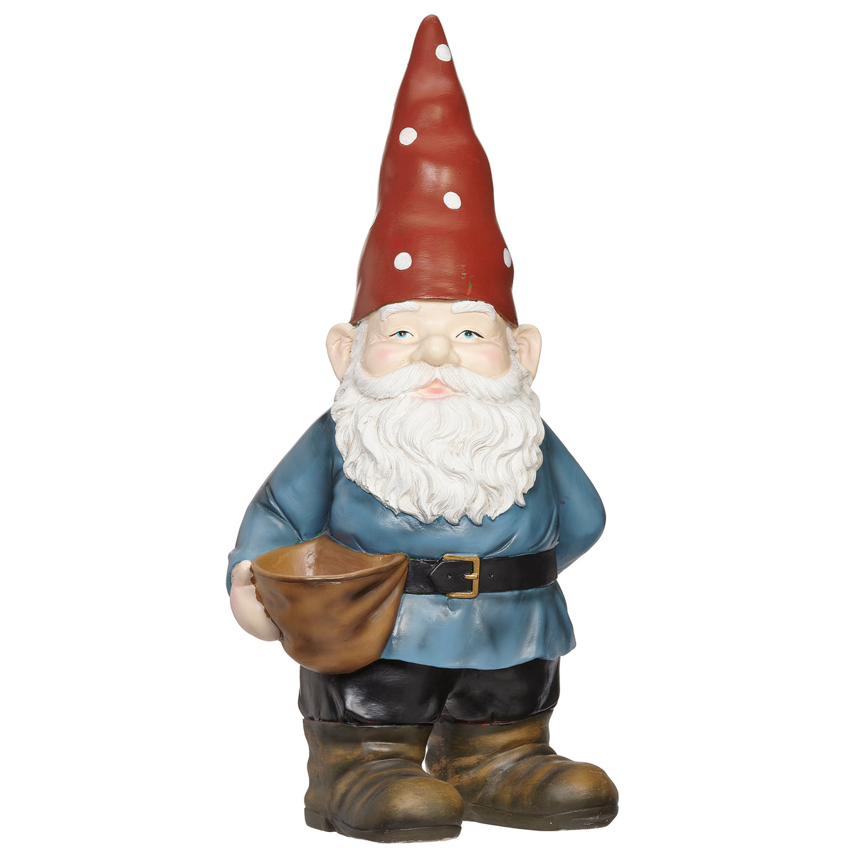 Front angled view of Garden Gnome Bird Feeder showing the red hat, white beard, blue tunic, and birdseed basket