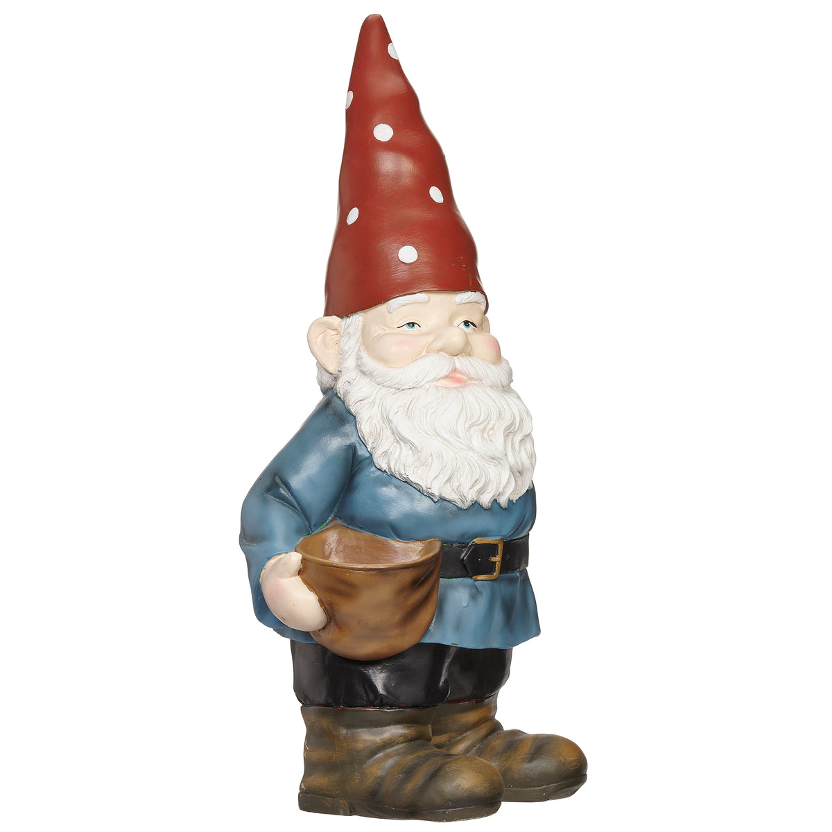 Alternate front angled view of Garden Gnome Bird Feeder showing the red mushroom-style hat and shallow seed basket