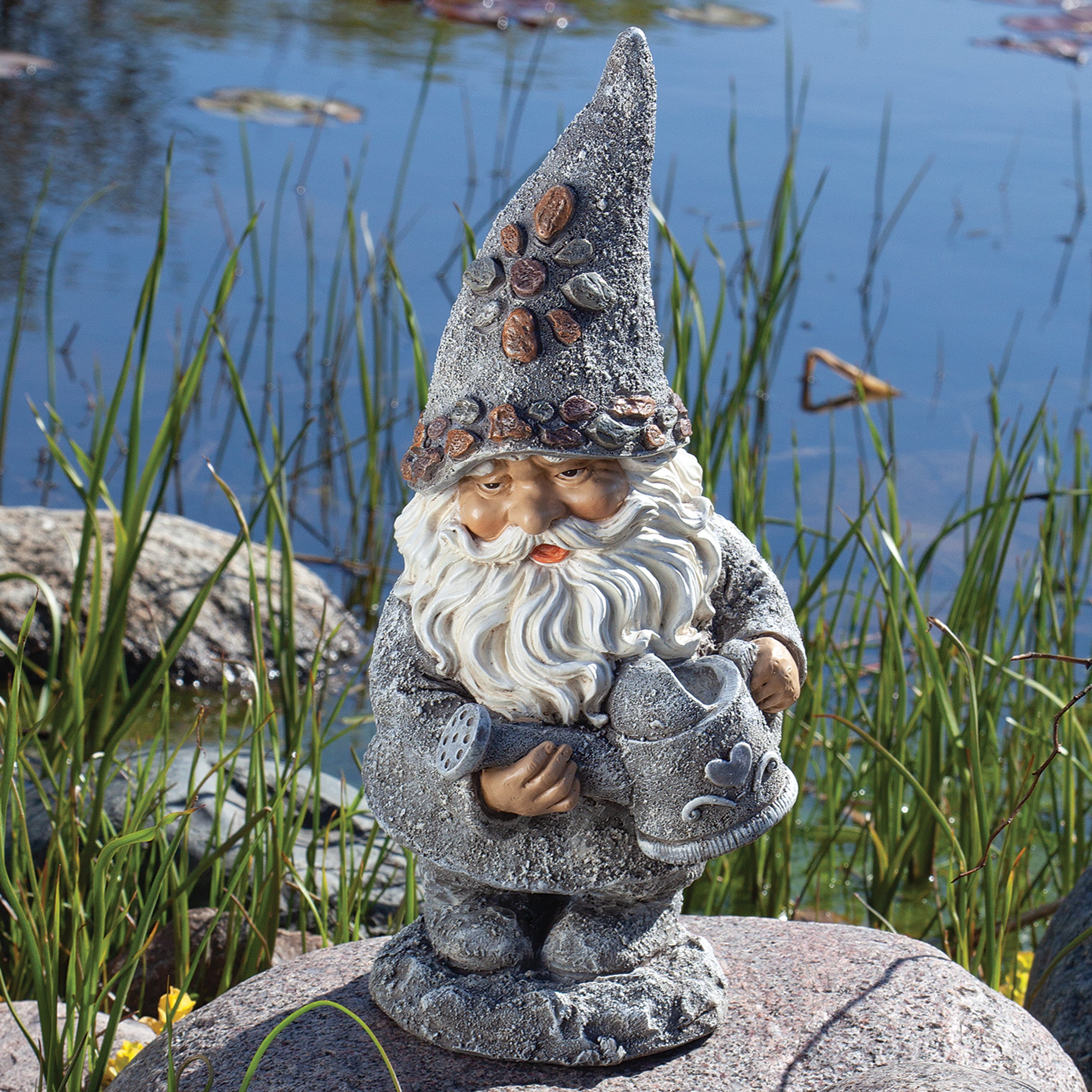 Stone-Look Gnome with Watering Can Garden Statue