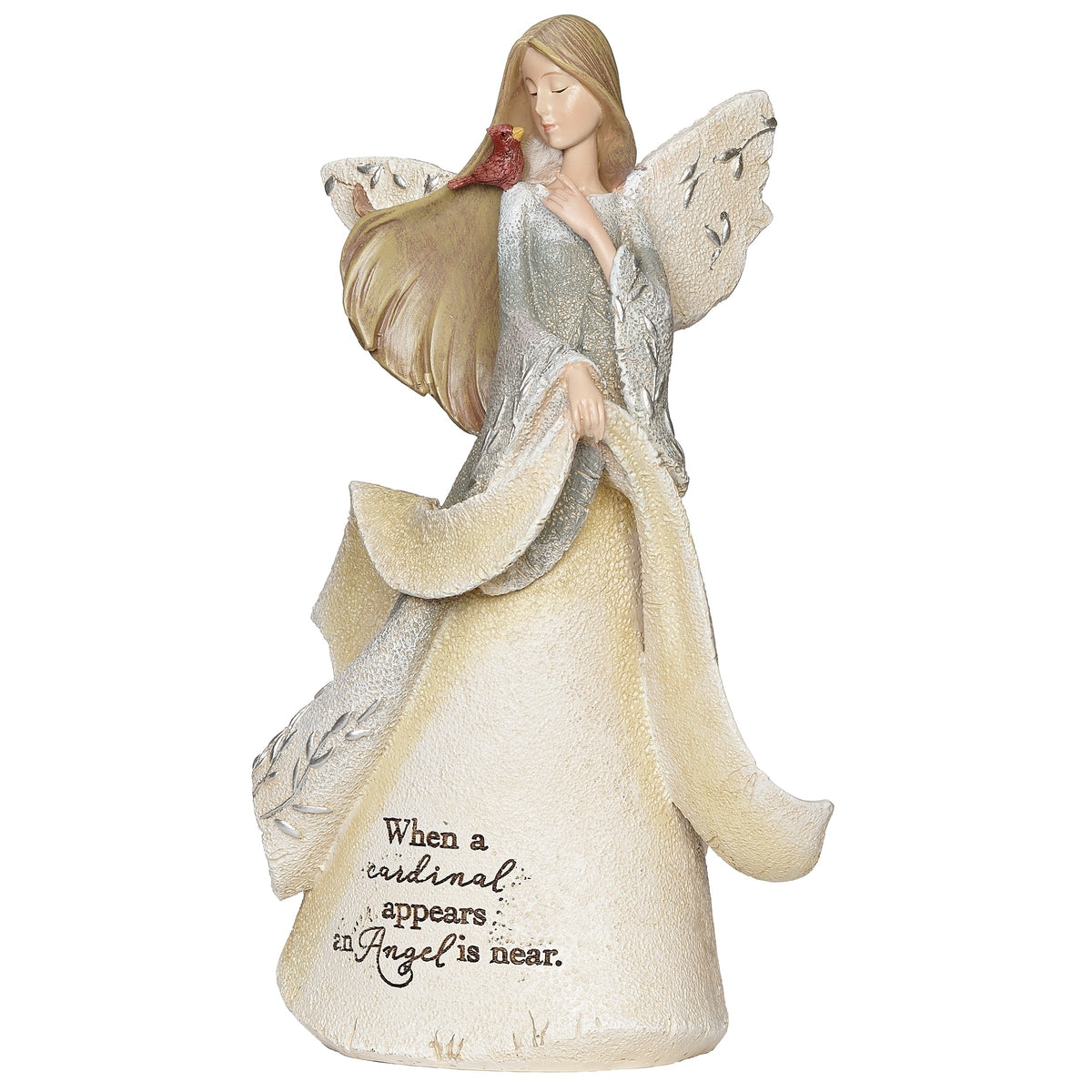 Angled front view of cardinal memorial angel showing the red bird, sweeping sleeves, and remembrance message.