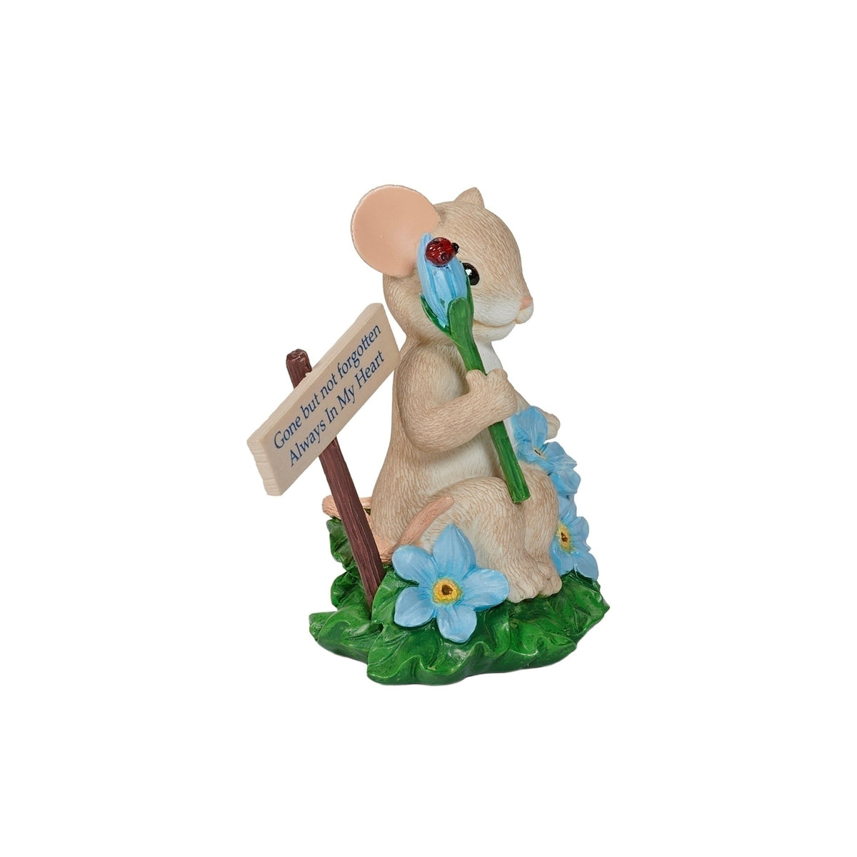Opposite side view of Charming Tails Forget Me Not figure showing the mouse, blue flowers, and remembrance sign