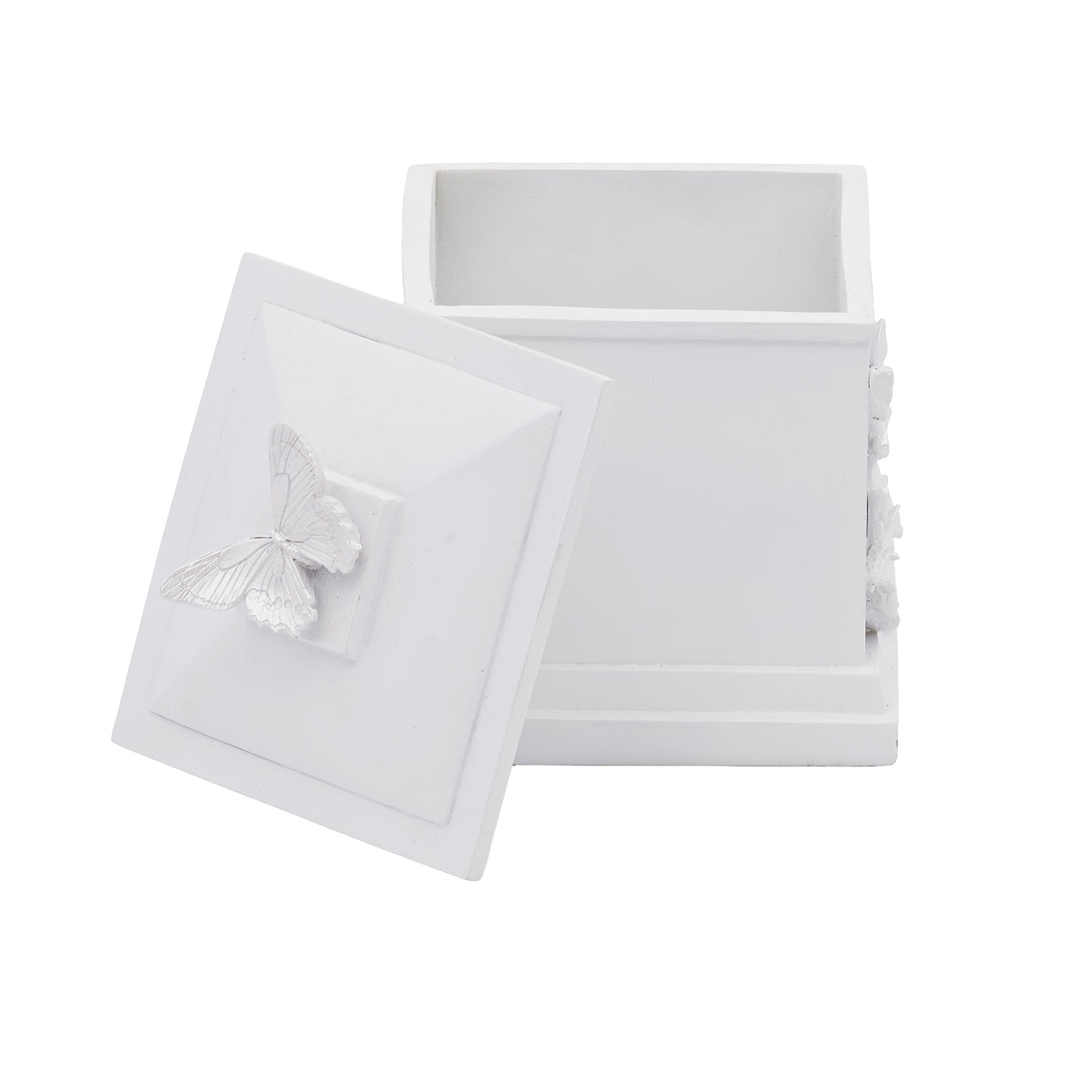 Butterfly Memorial Keepsake Box with hinged lid open to show the interior storage compartment