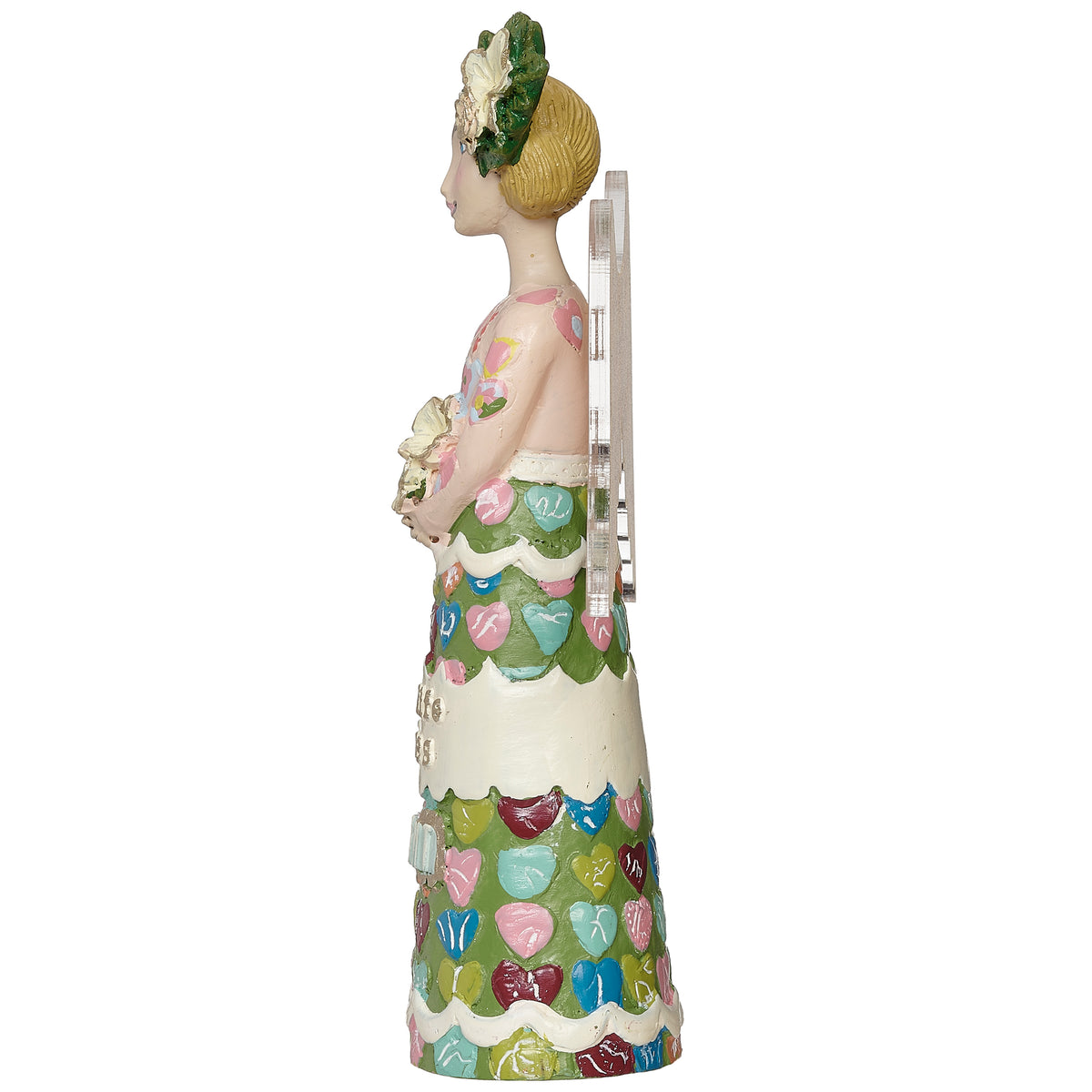 Opposite side view of Kelly Rae Roberts Shine Bright Angel showing the floral crown, wings, and decorative gown