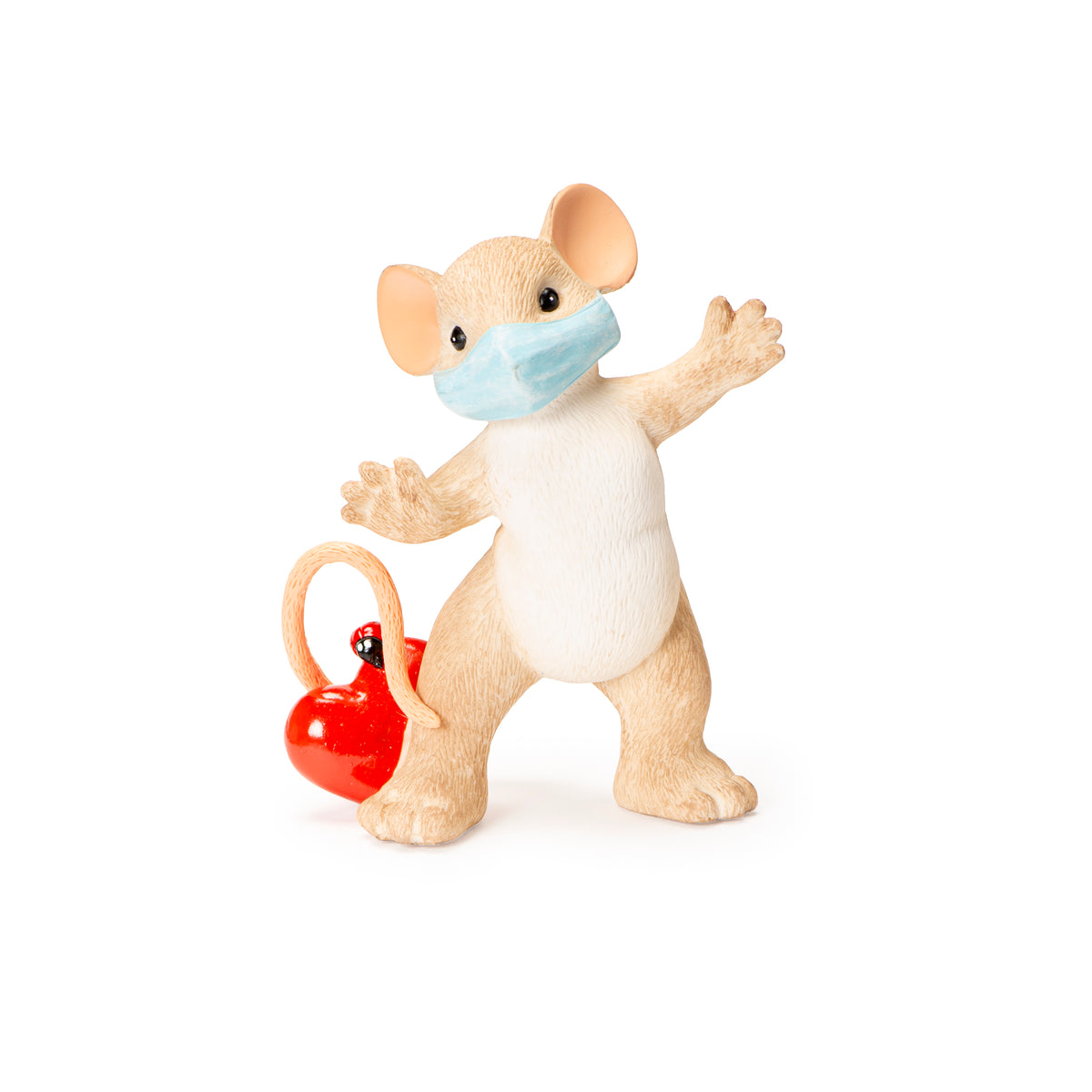 Front view of Charming Tails Cannot Mask My Love Figure showing the blue face mask, raised paw, and red heart