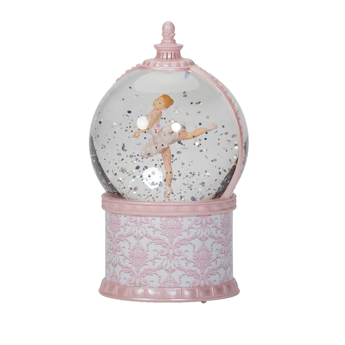Front view of Lighted Musical Enchanted Ballerina glitterdome showing the ballerina posed inside the clear globe above the decorative pink base