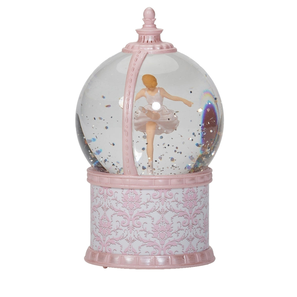 Side view of Lighted Musical Enchanted Ballerina glitterdome showing the ballerina, swirling glitter, and patterned pink music box base