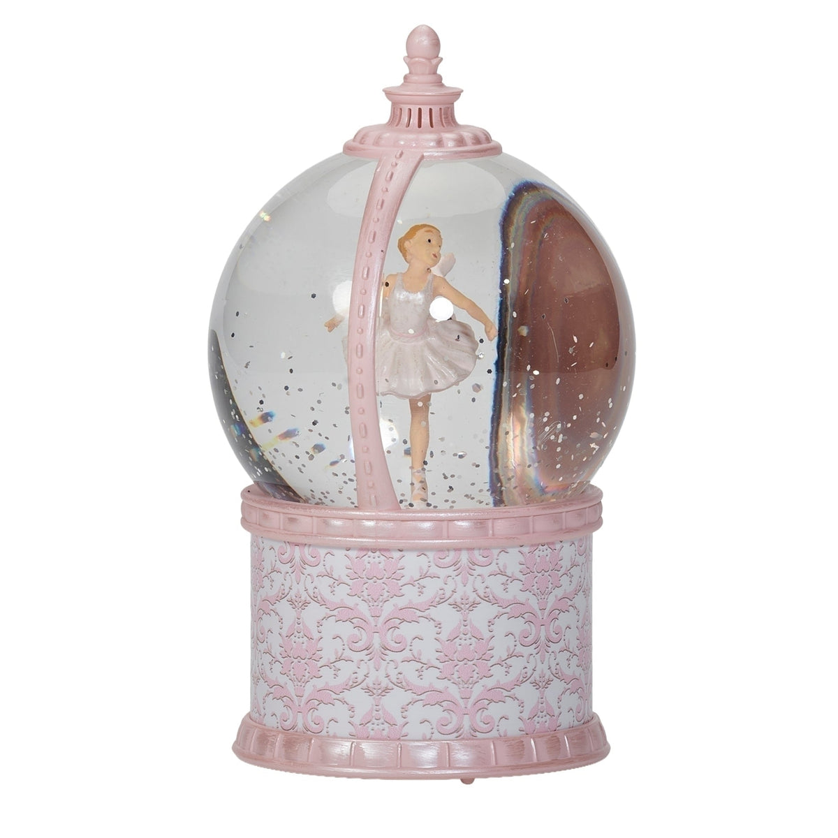 Opposite side view of Lighted Musical Enchanted Ballerina glitterdome showing the dancer inside the globe with the ornate pink base