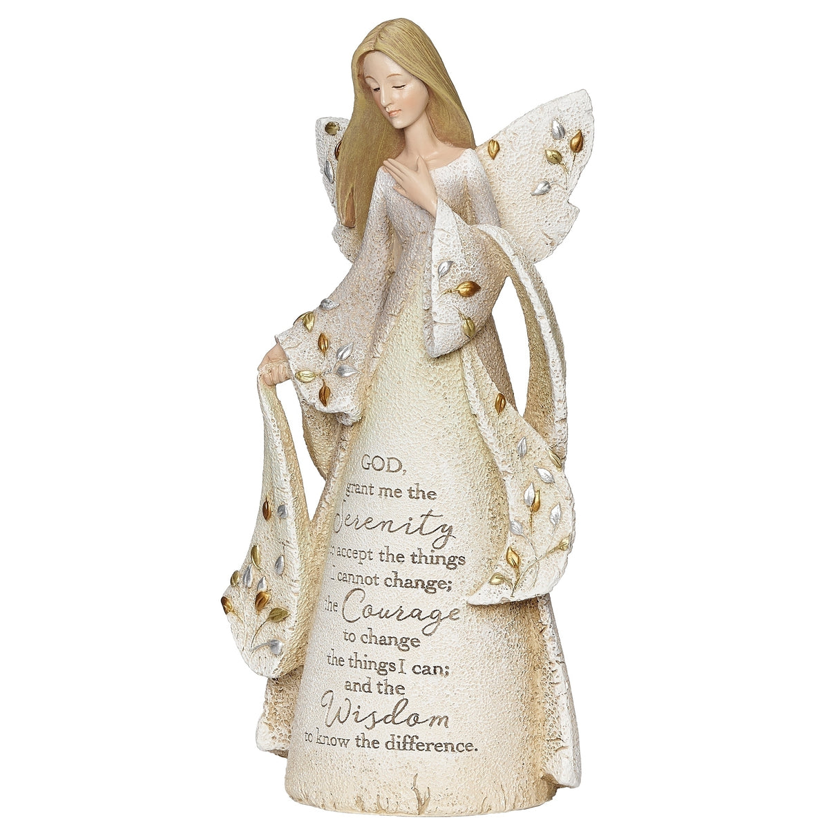 Angled front view of angel showing the Serenity Prayer lettering and gold-toned accents along her gown.